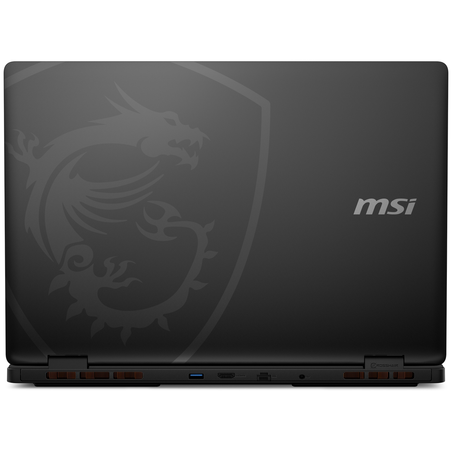 Black MSI laptop with dragon logo and ports visible on the bottom edge.
