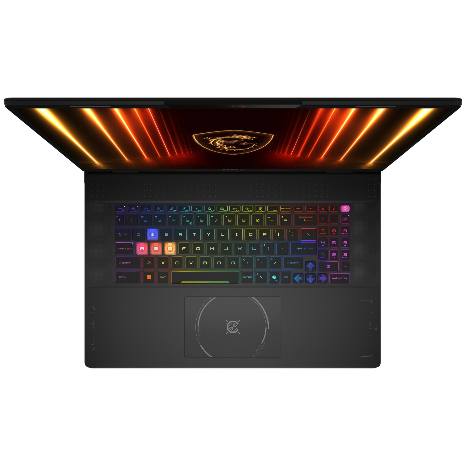 Open laptop with illuminated keyboard and screen showing glowing orange lines.