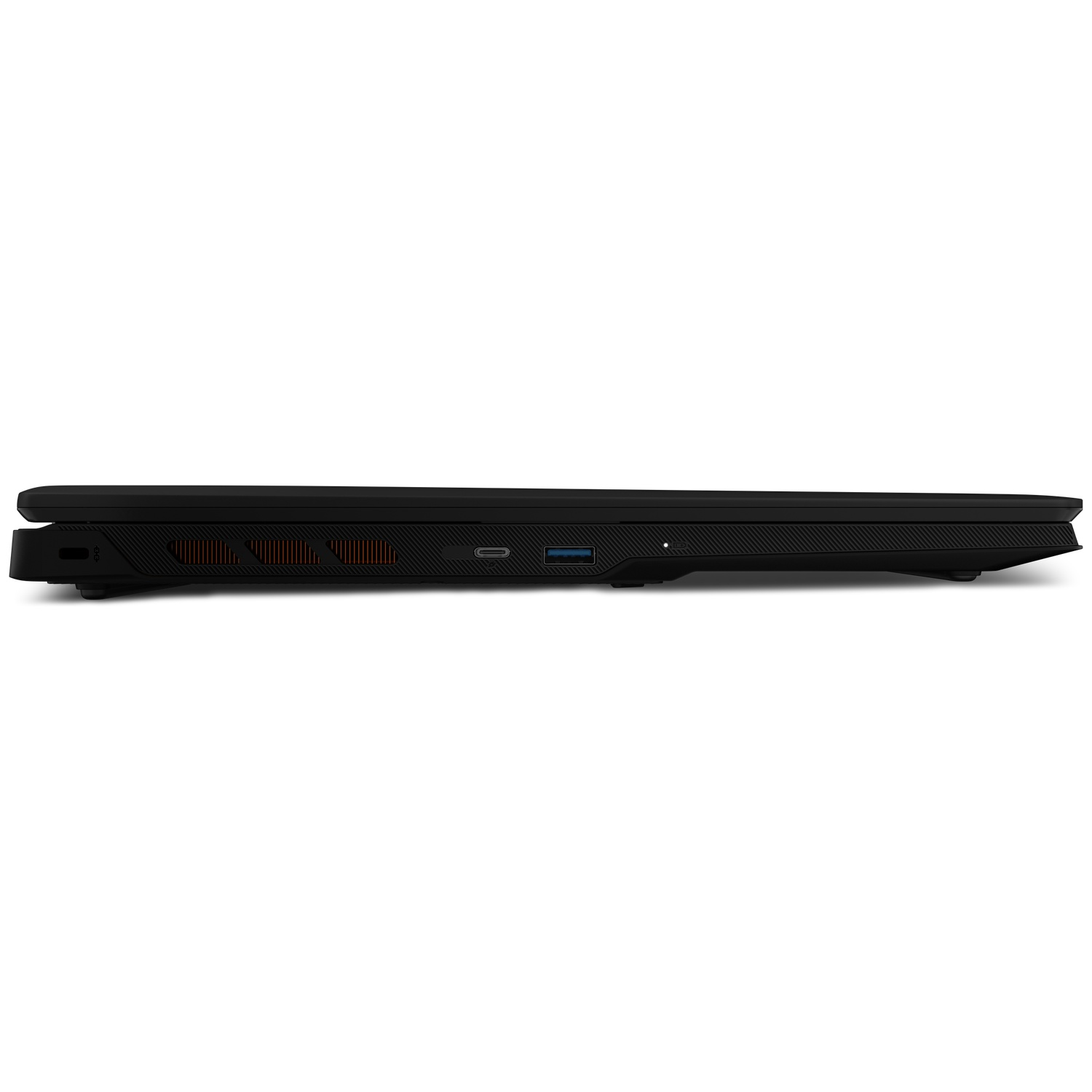 Black laptop side view showing ports and ventilation grilles.