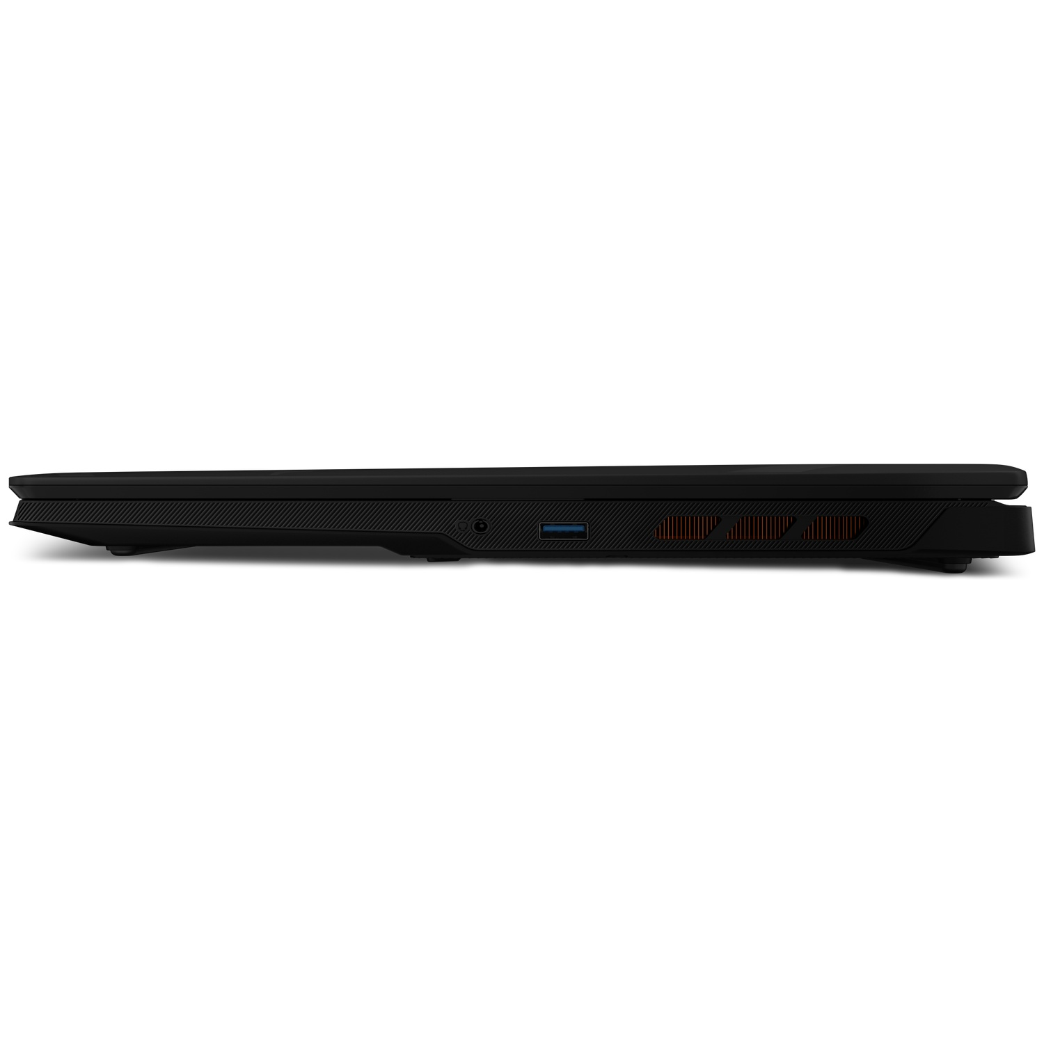 Black laptop shown from the side, featuring a USB port and ventilation grilles.