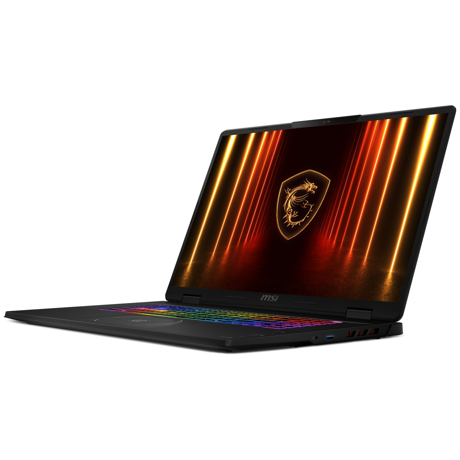 MSI laptop with illuminated keyboard and dragon logo on screen.