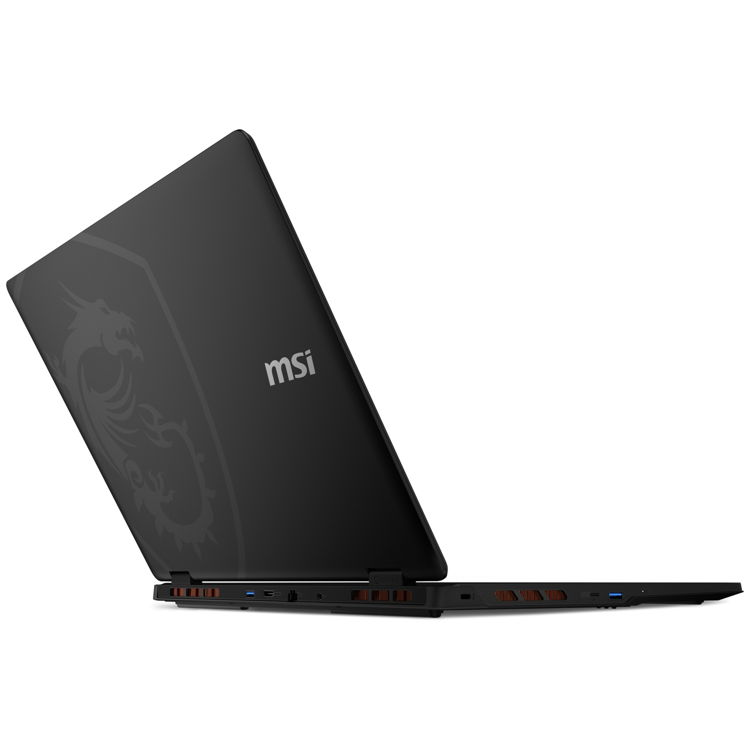 Black MSI laptop with dragon logo, shown from the side.