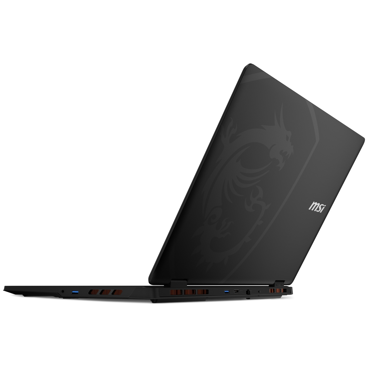 Black laptop with dragon logo and MSI branding, on a white background.
