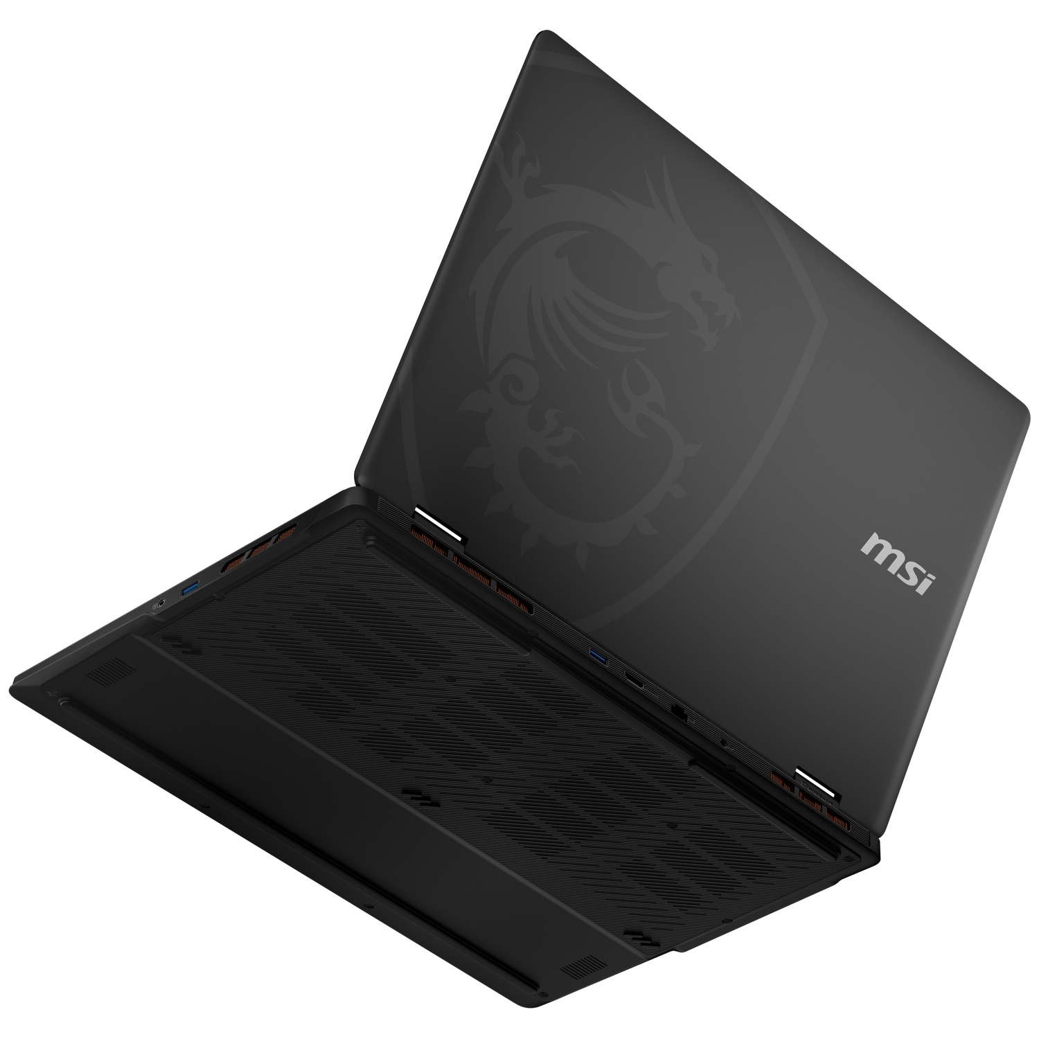 Black MSI laptop with dragon logo on lid. Underside features ventilation grates.