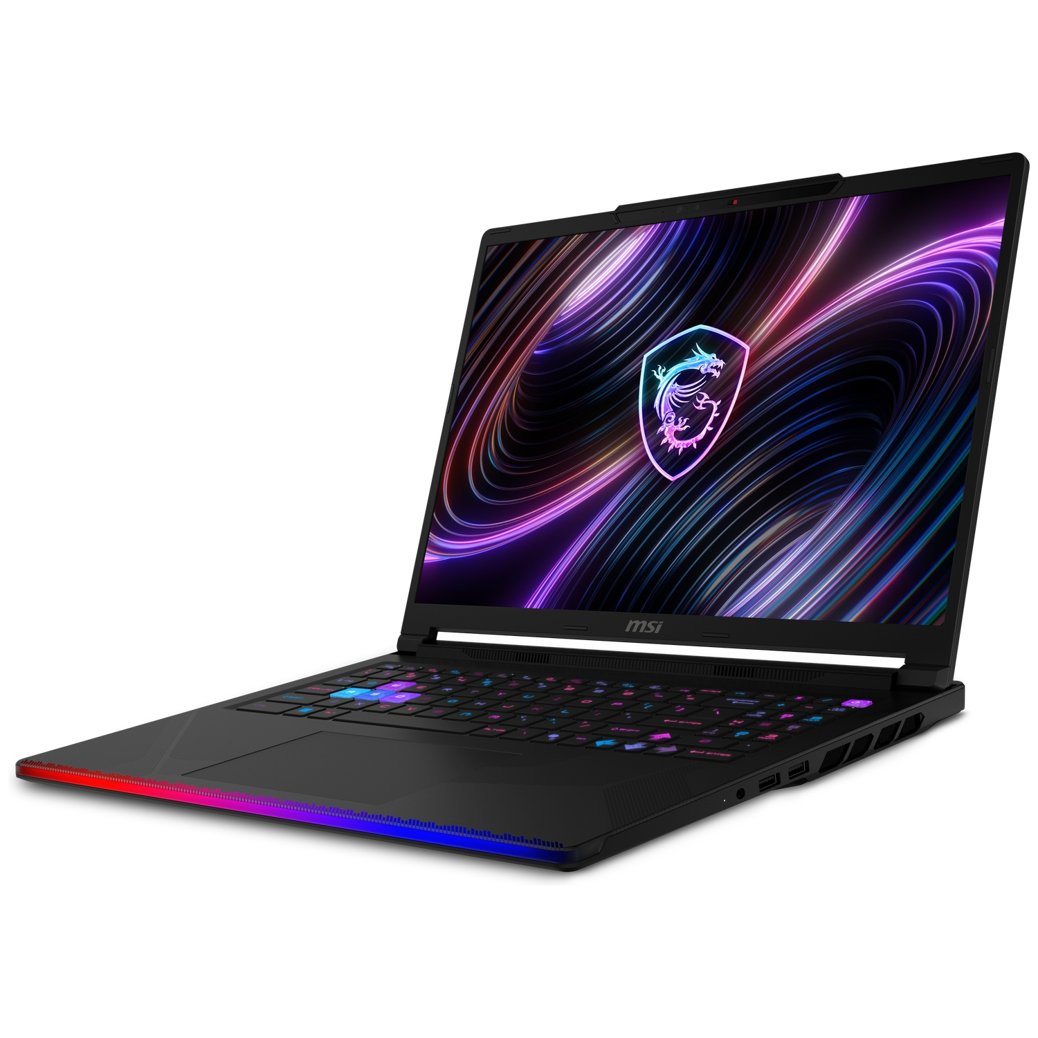 Black MSI laptop with illuminated keyboard and dragon logo on screen.