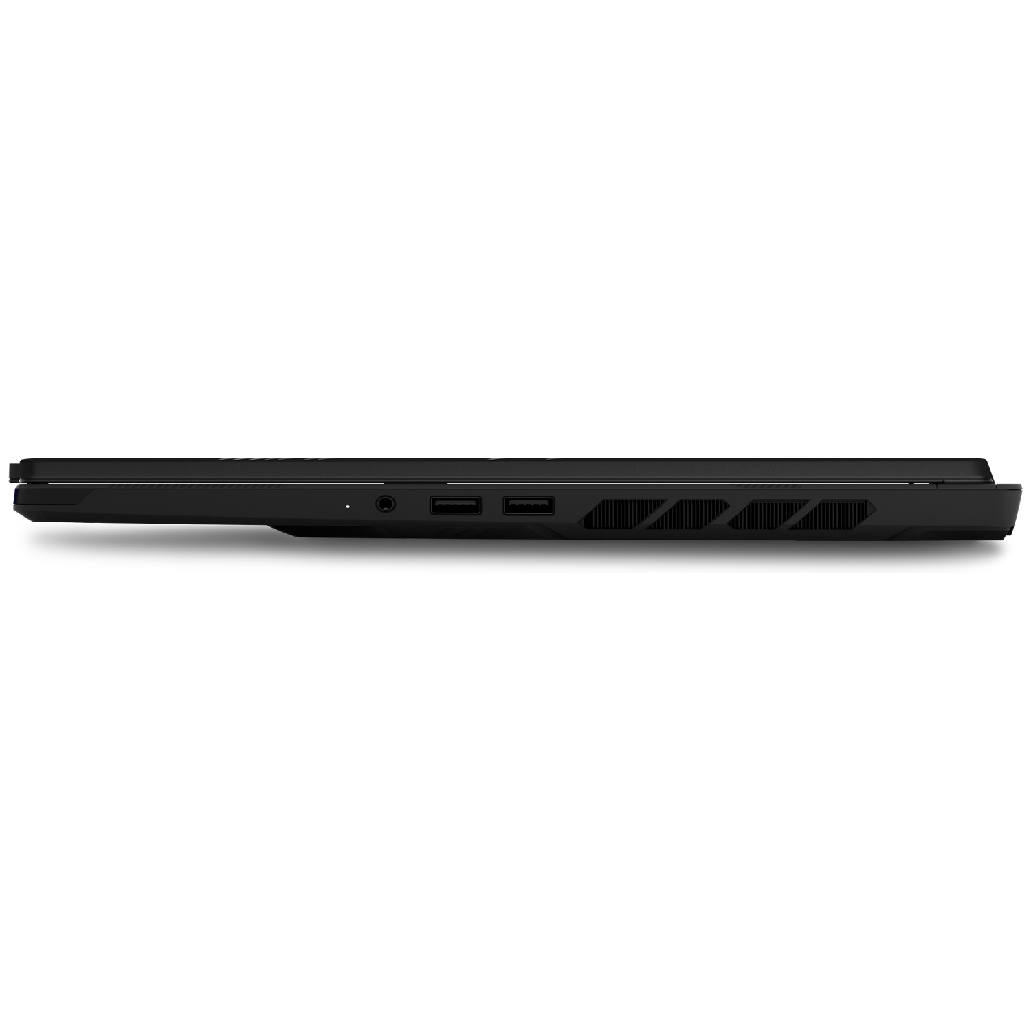 Side view of a black laptop, showing ports and ventilation grilles.