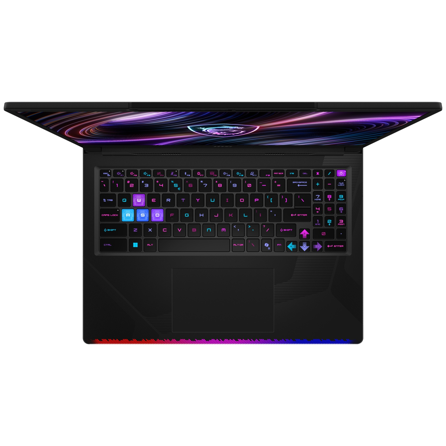 A black laptop with its lid open, showing a colorful illuminated keyboard.