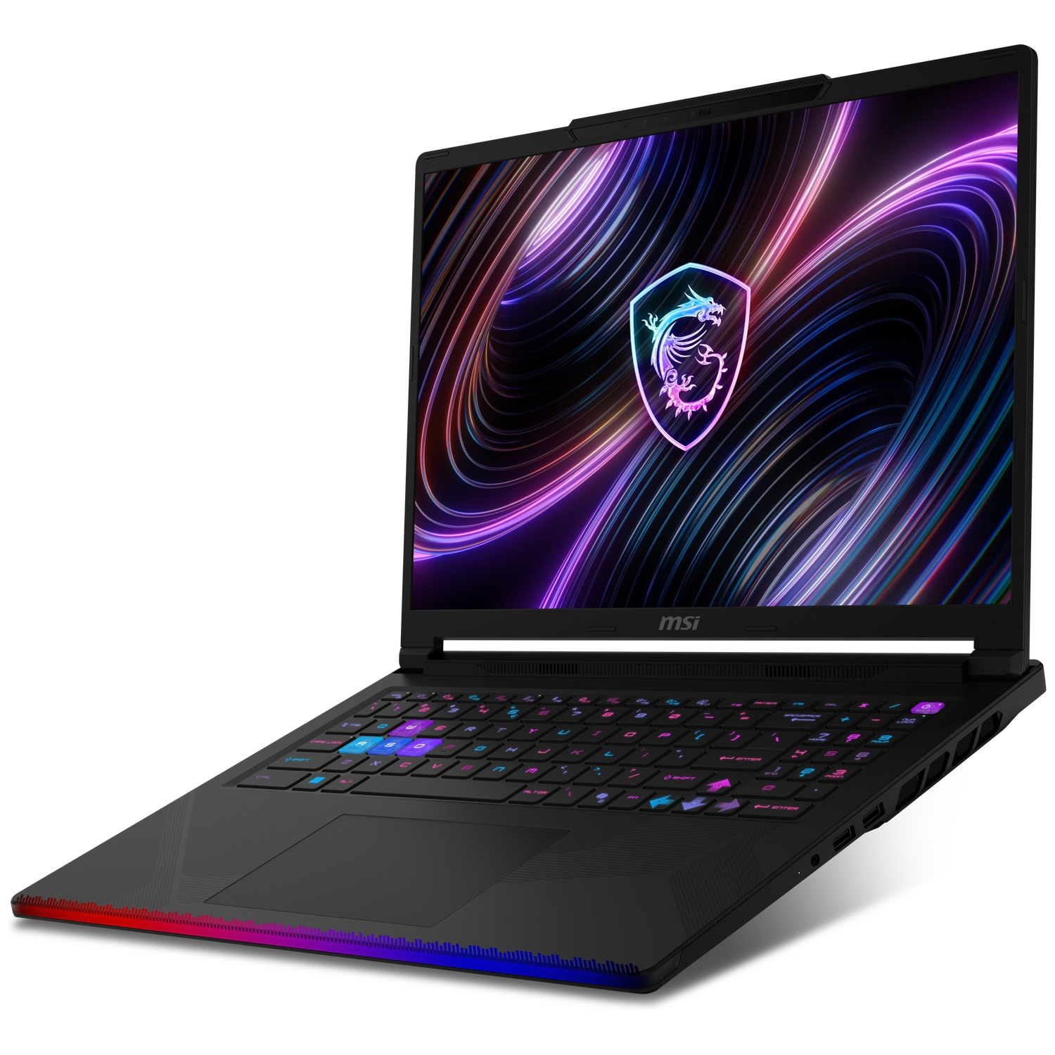 A black MSI laptop with a lit keyboard and MSI logo on the screen.