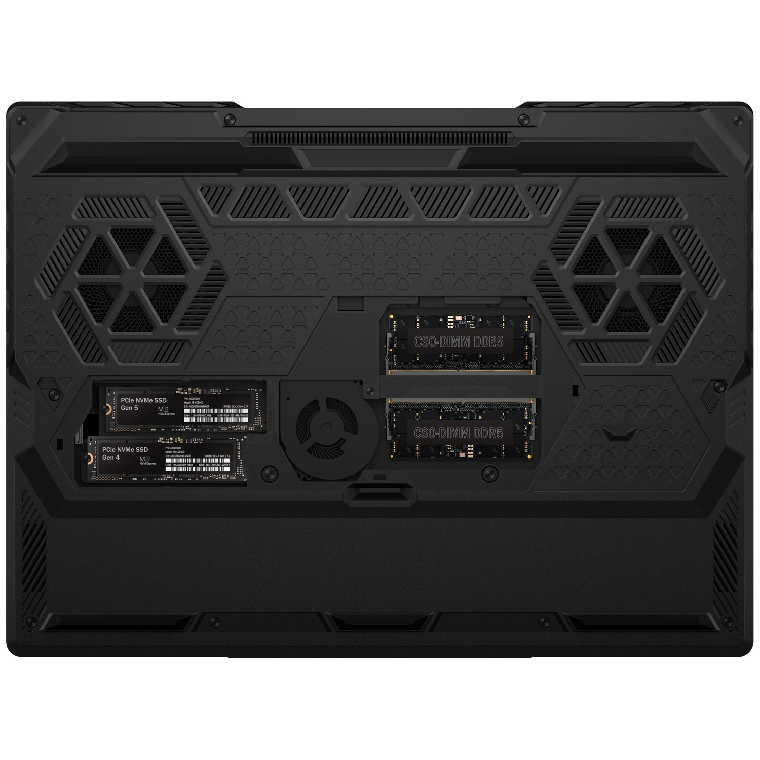 Underside of a black laptop showing two NVMe SSDs and two DDR5 RAM modules.