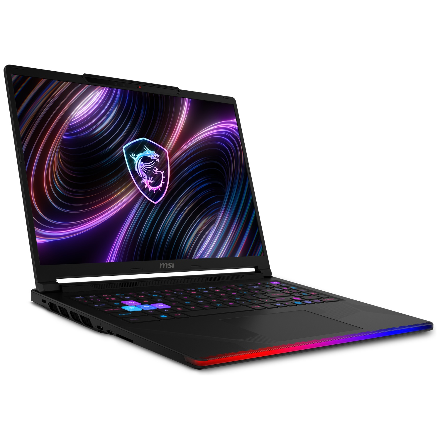 Zwarte MSI laptop met verlicht toetsenbord en RGB-verlichting.