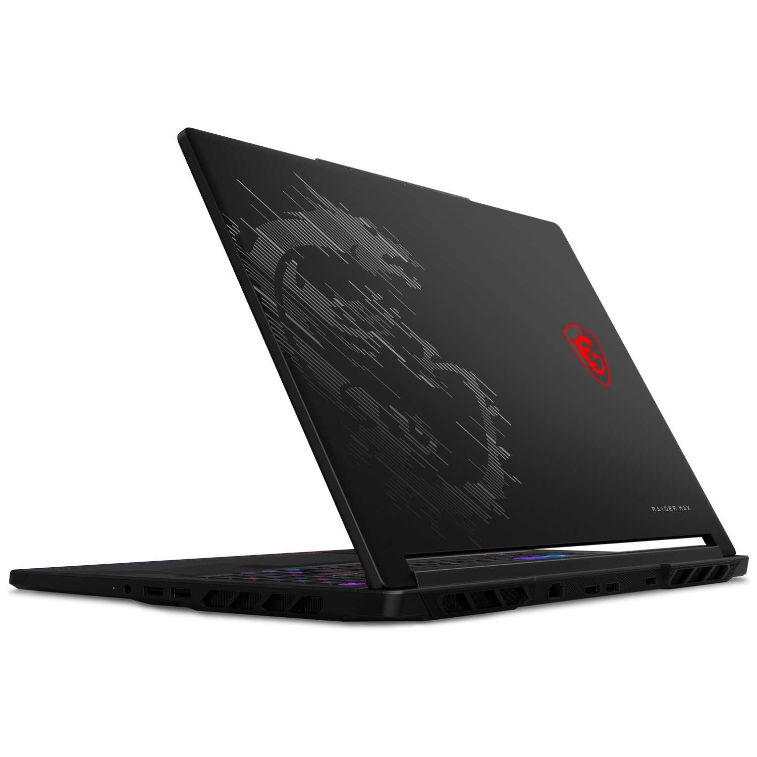 Zwarte MSI gaming laptop open, met toetsenbord en poorten zichtbaar. Draaklogo op deksel.