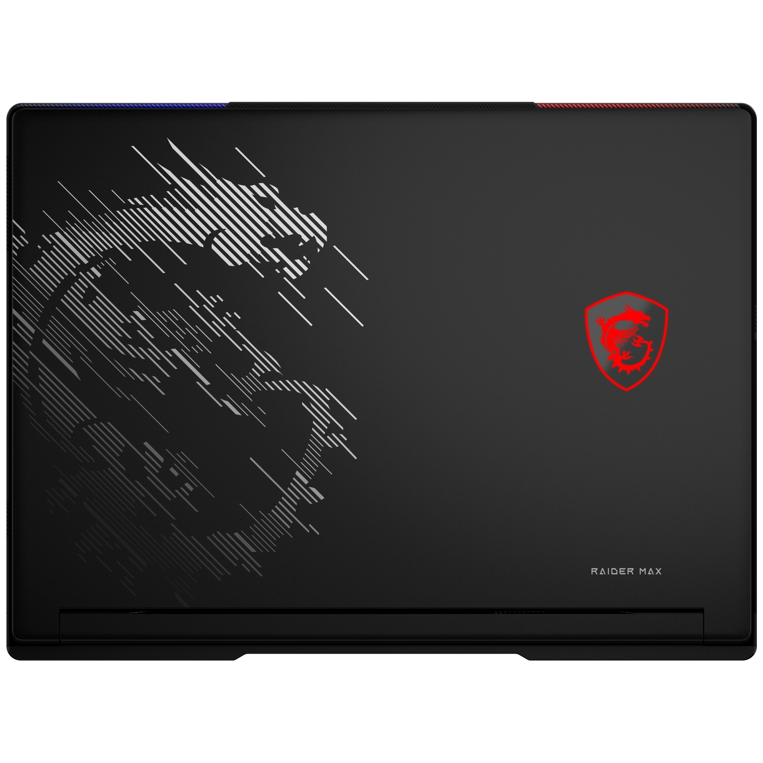 Zwarte laptop met zilveren drakenmotief links en rood MSI-logo rechts.