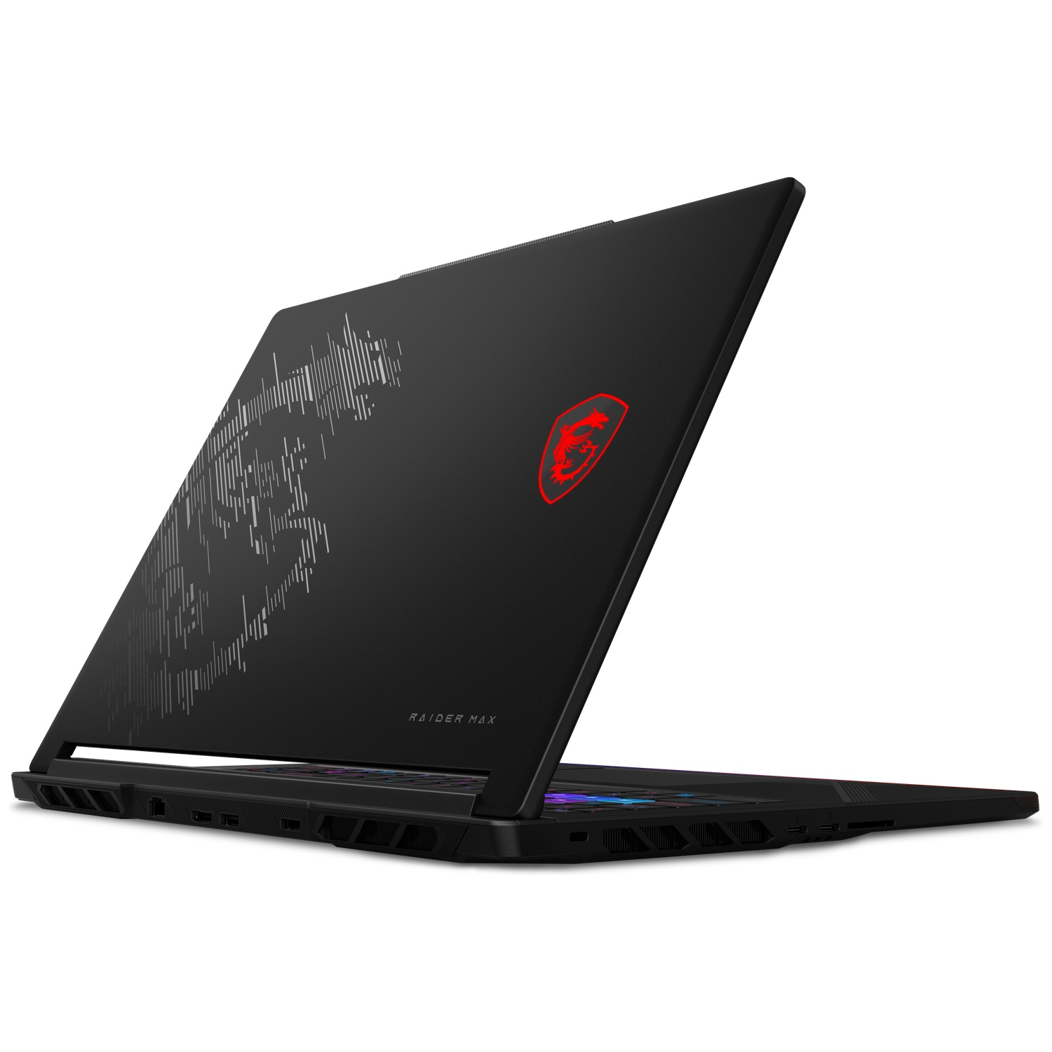 Zwarte MSI gaming laptop met rood logo en verlicht toetsenbord.