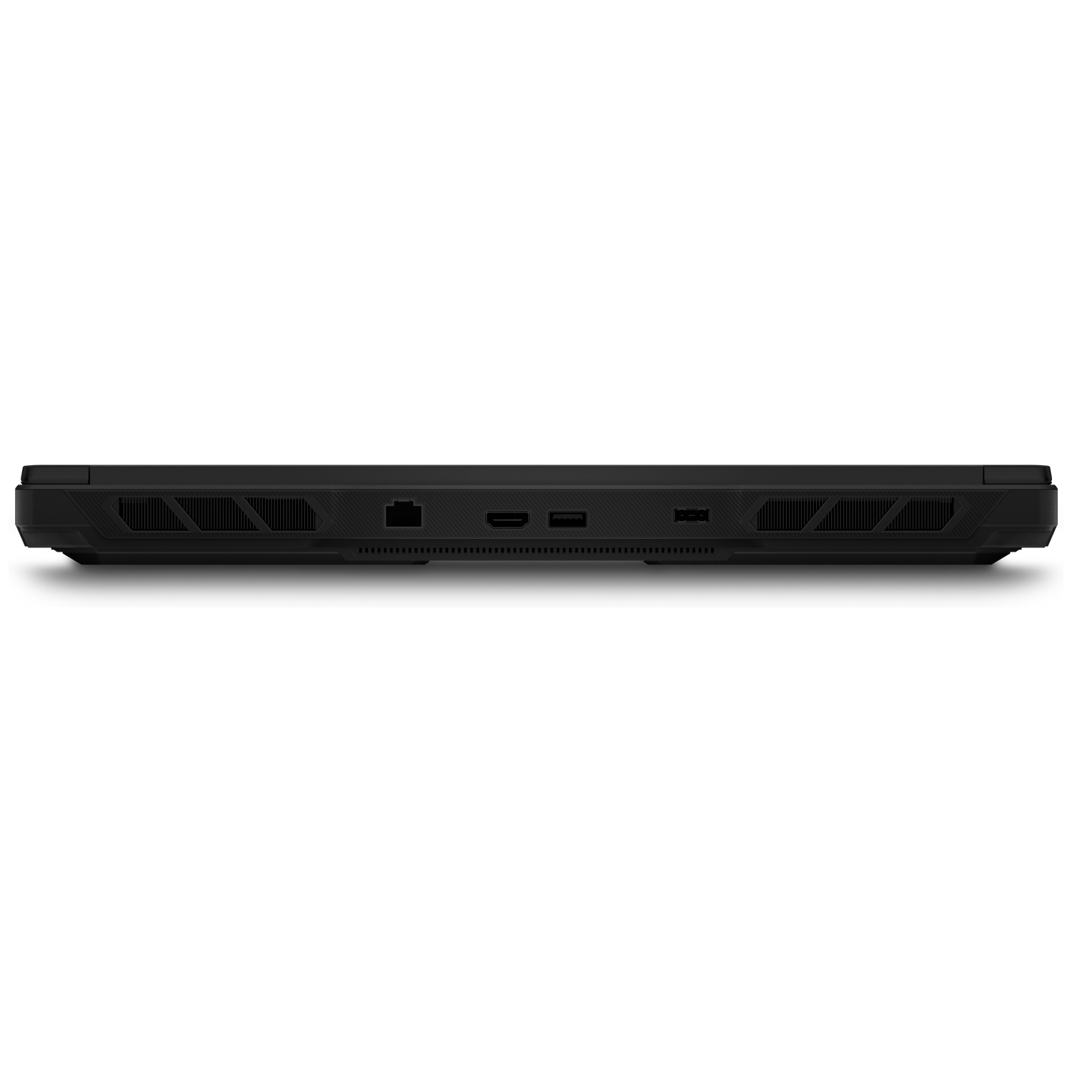 Zwarte laptoprand met poorten: Ethernet, USB-C, HDMI en ventilatieopeningen.