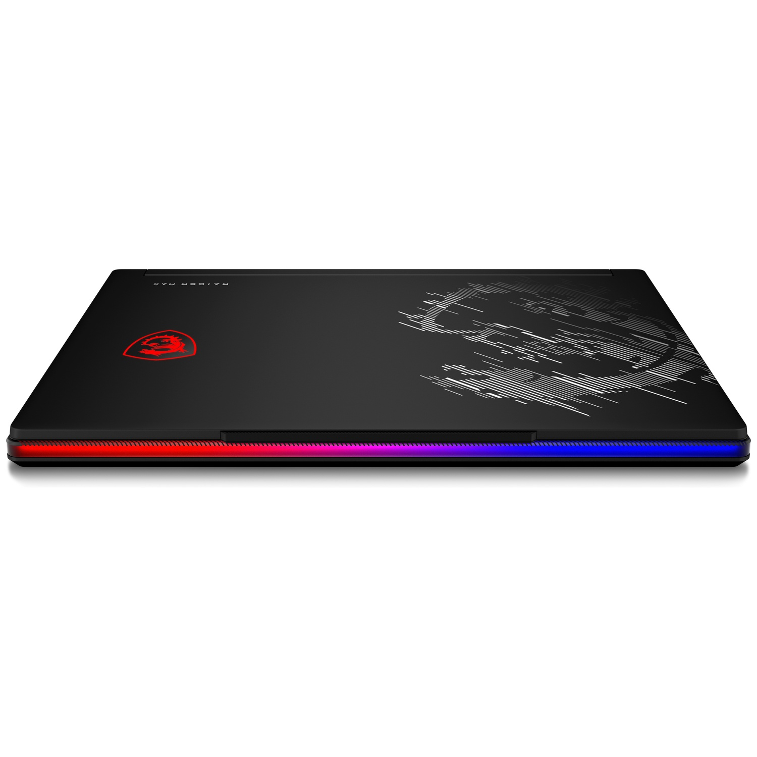 Zwarte laptop met rood MSI-logo en RGB-verlichting aan de voorkant.