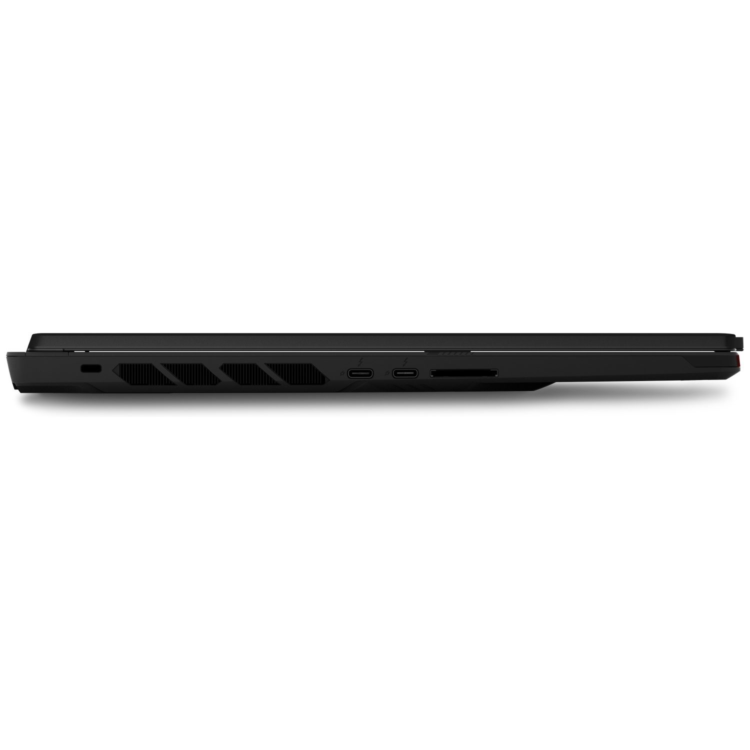 Black laptop side view showing ports and vents.