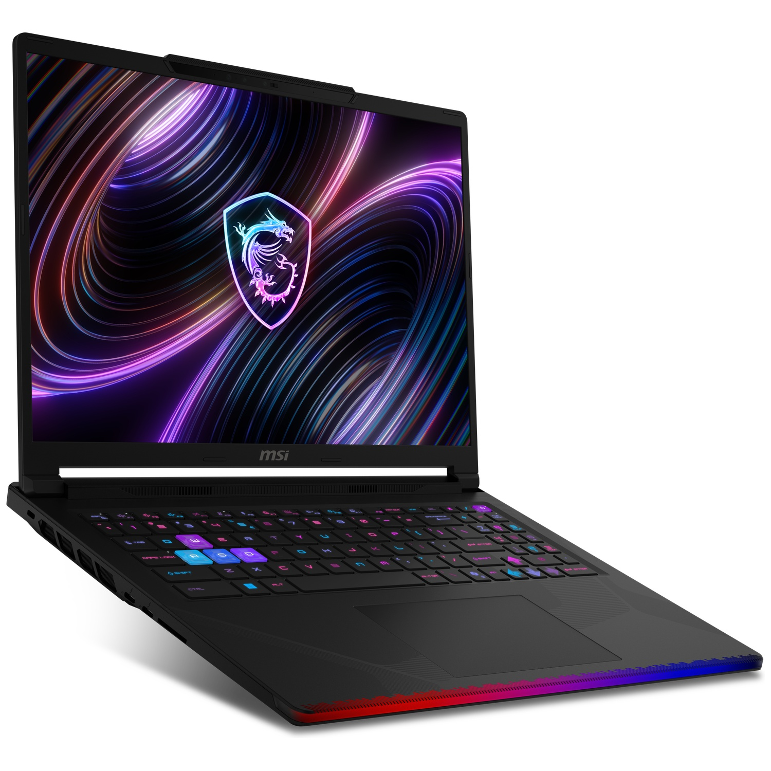 A black MSI gaming laptop featuring a backlit keyboard and a dragon logo on its screen.