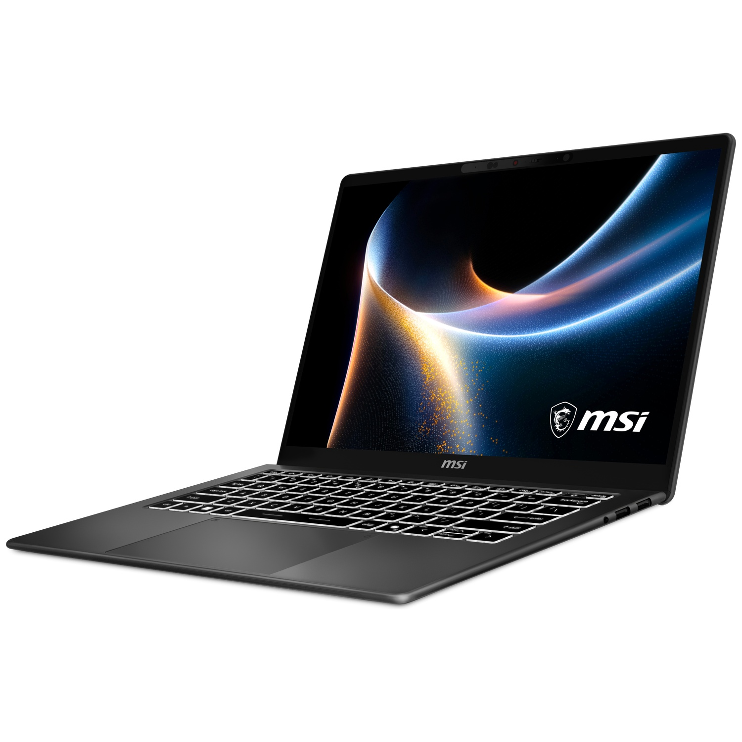 An open, dark MSI laptop with a backlit keyboard and MSI logo on the screen.