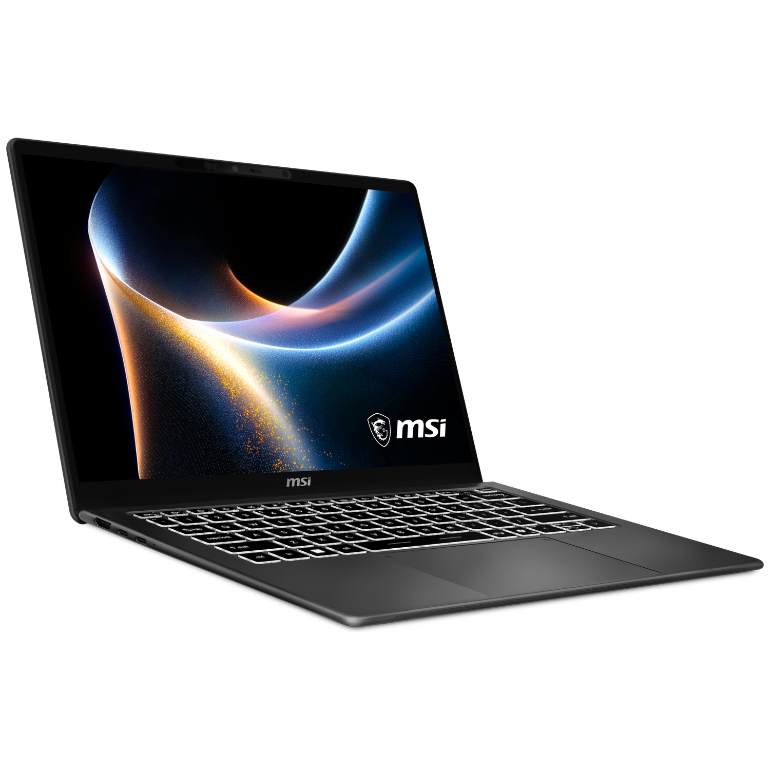 A black MSI laptop is open, displaying a colorful abstract wallpaper on its screen.