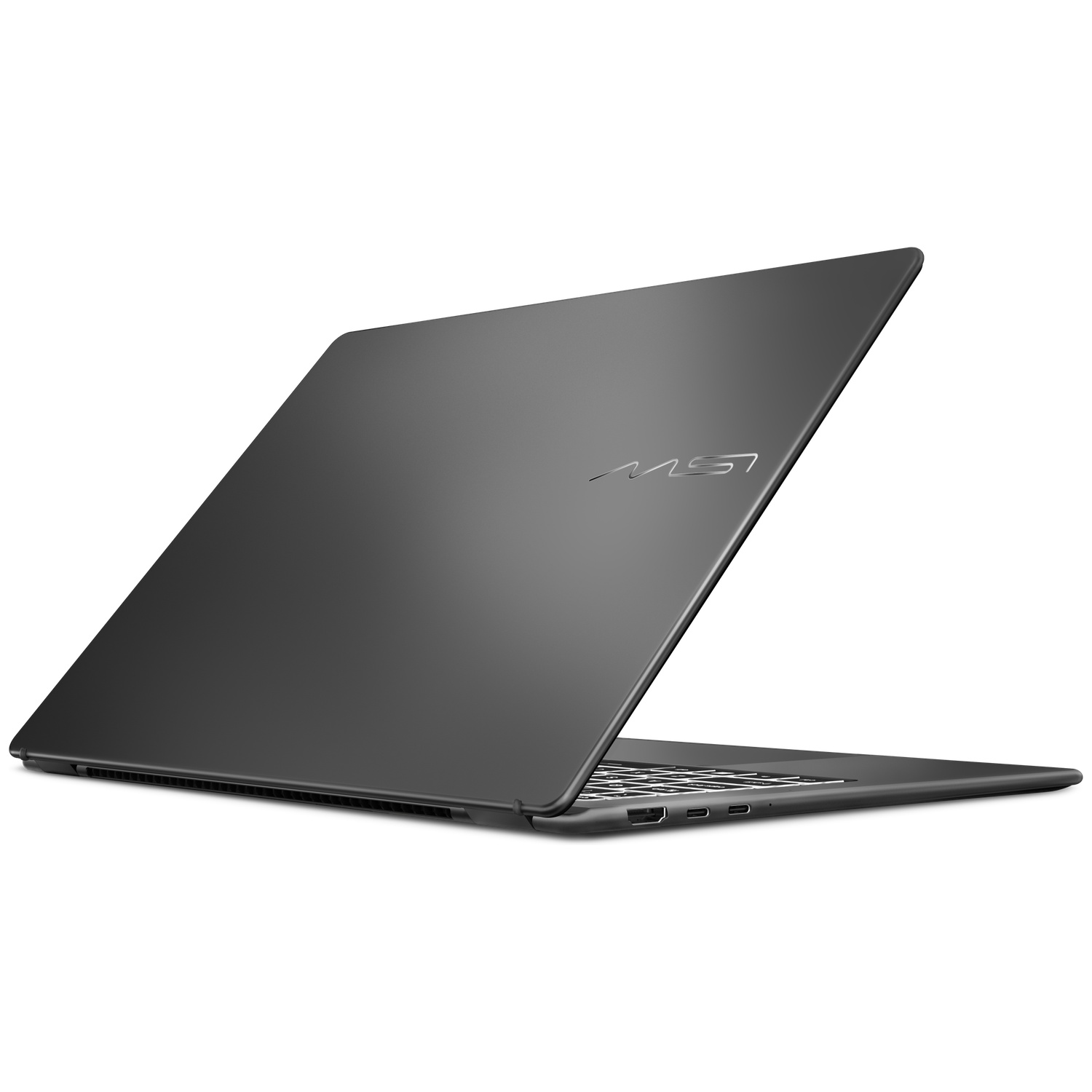 A closed dark MSI laptop with a silver logo on the lid.