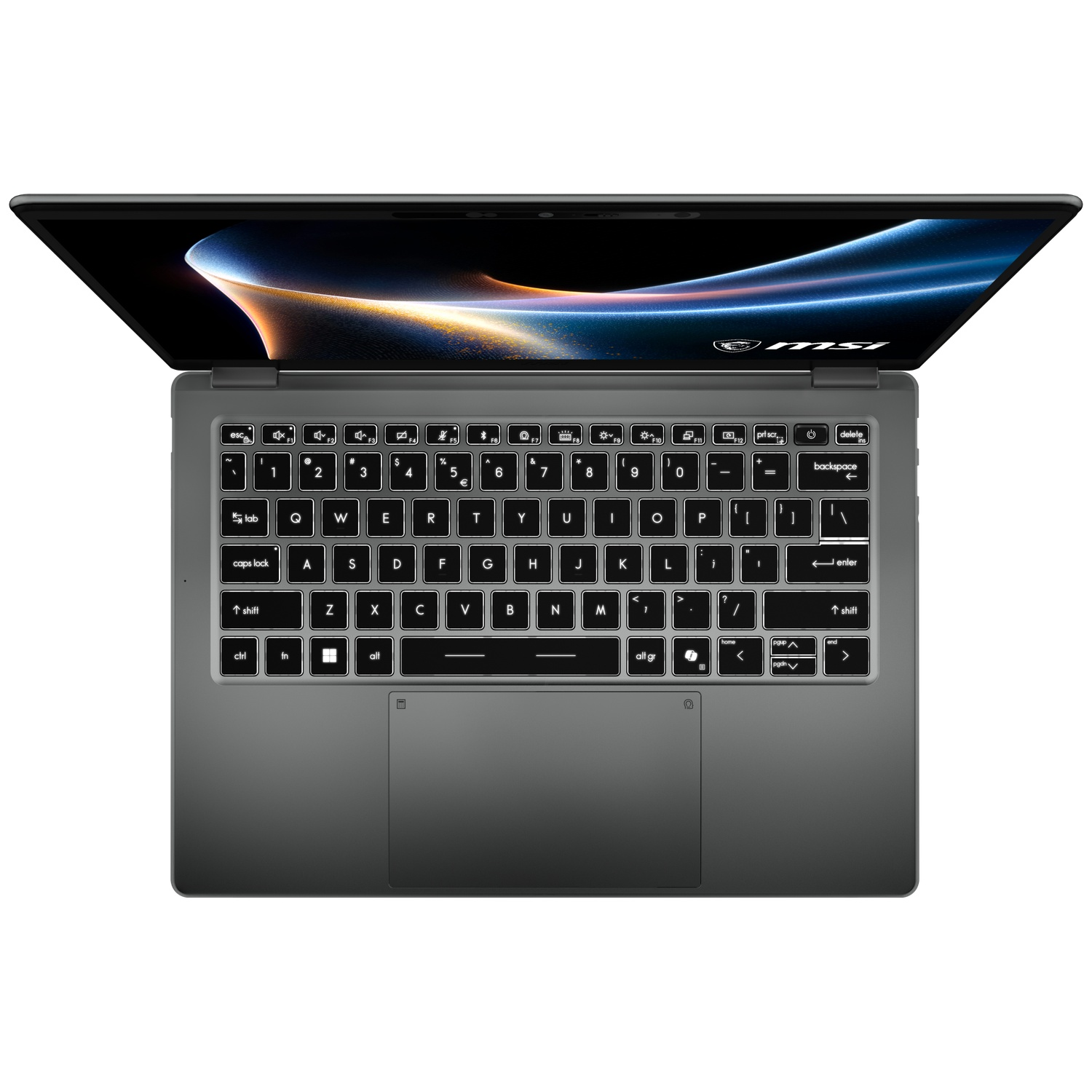 An open gray MSI laptop with a lit keyboard and a colorful abstract wallpaper on screen.