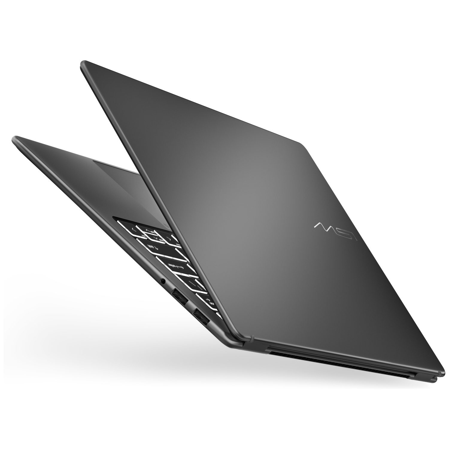 A dark laptop with its screen and keyboard open, set against a white background.