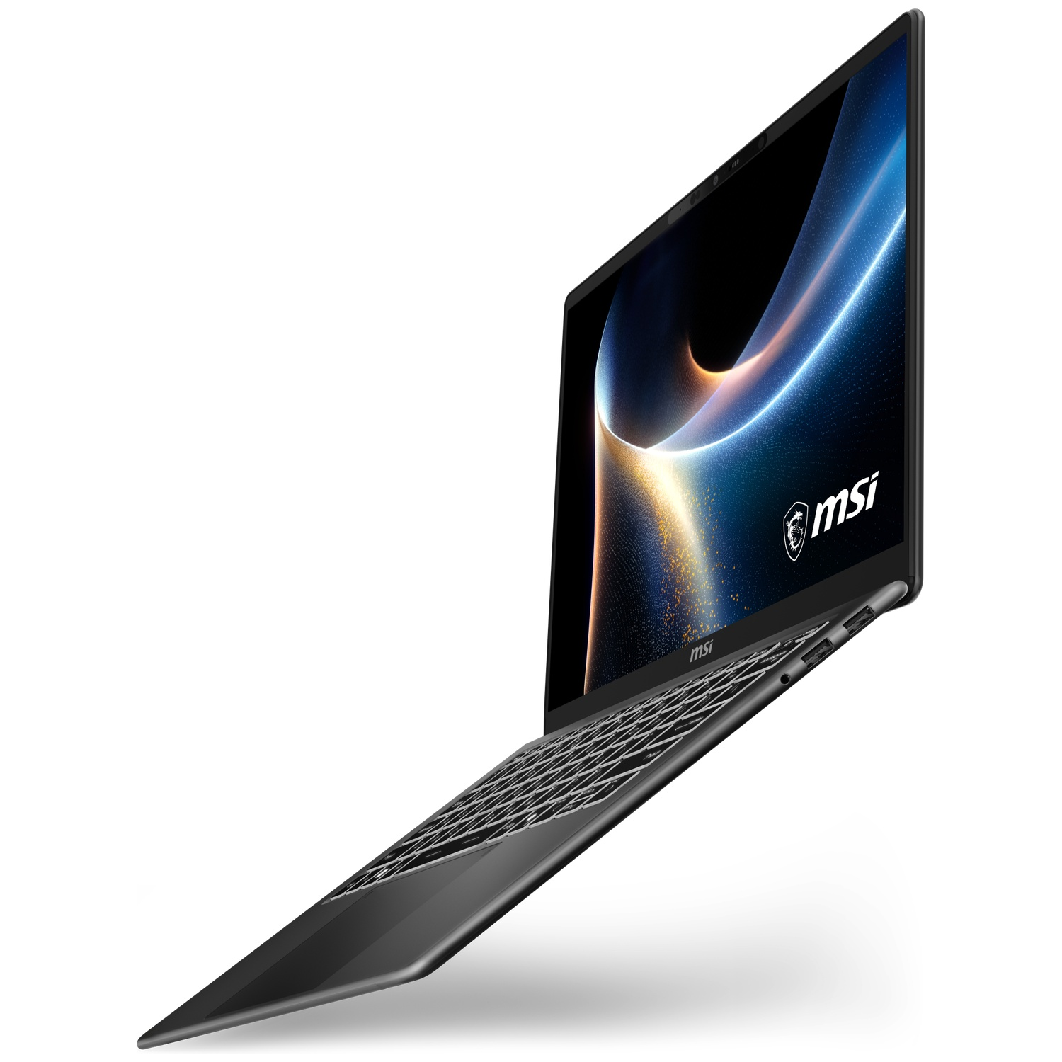 A sleek, dark grey MSI laptop is shown at an angle with its screen displaying abstract blue and gold waves.