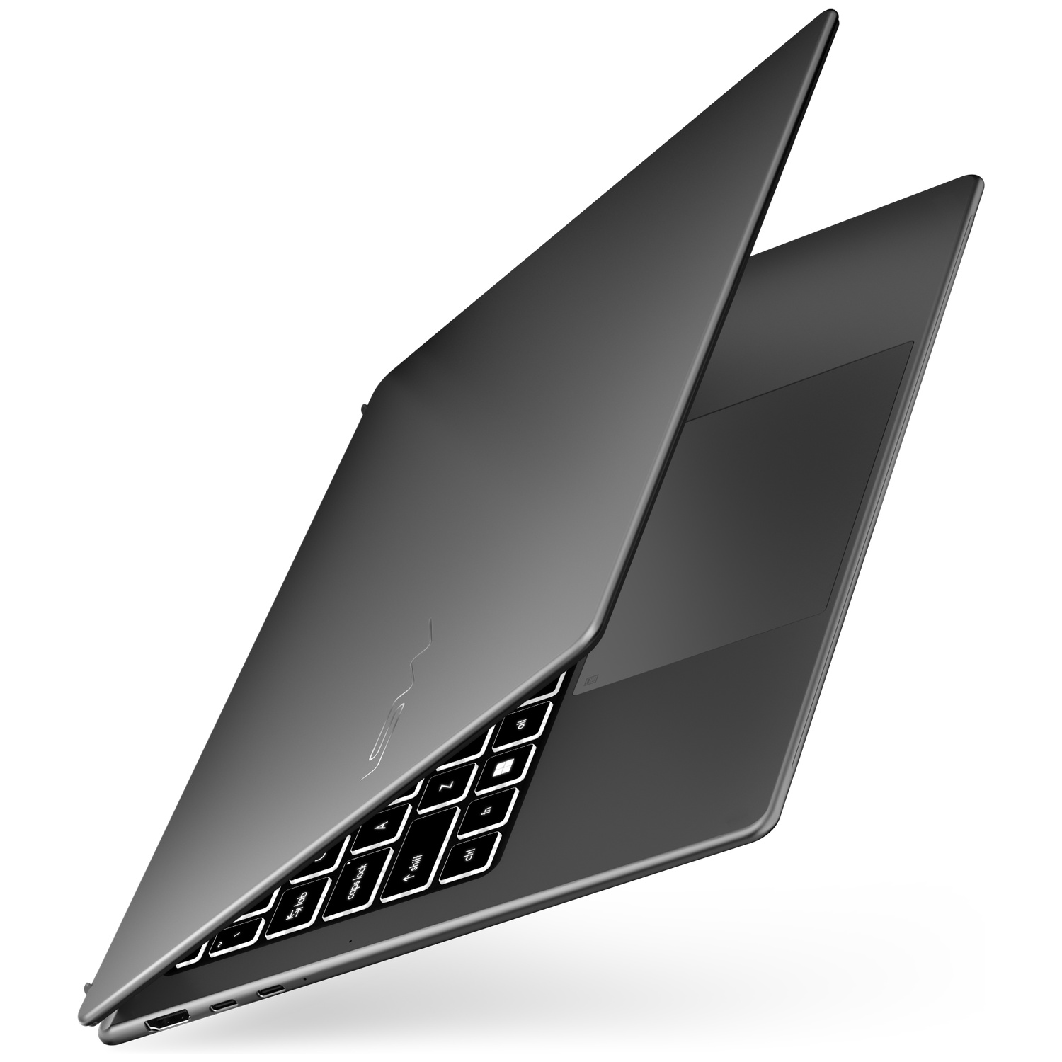 A gray, closed laptop with keyboard and touchpad on a white background.