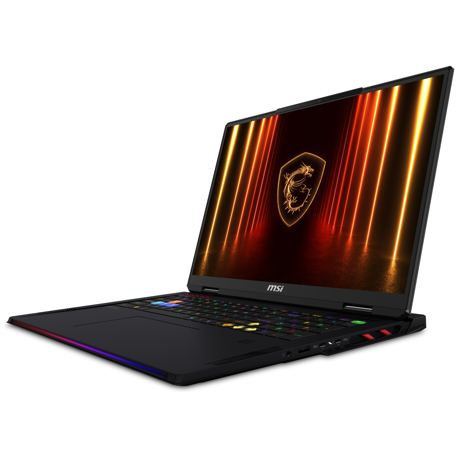 Black MSI gaming laptop with illuminated keyboard and dragon logo on screen.