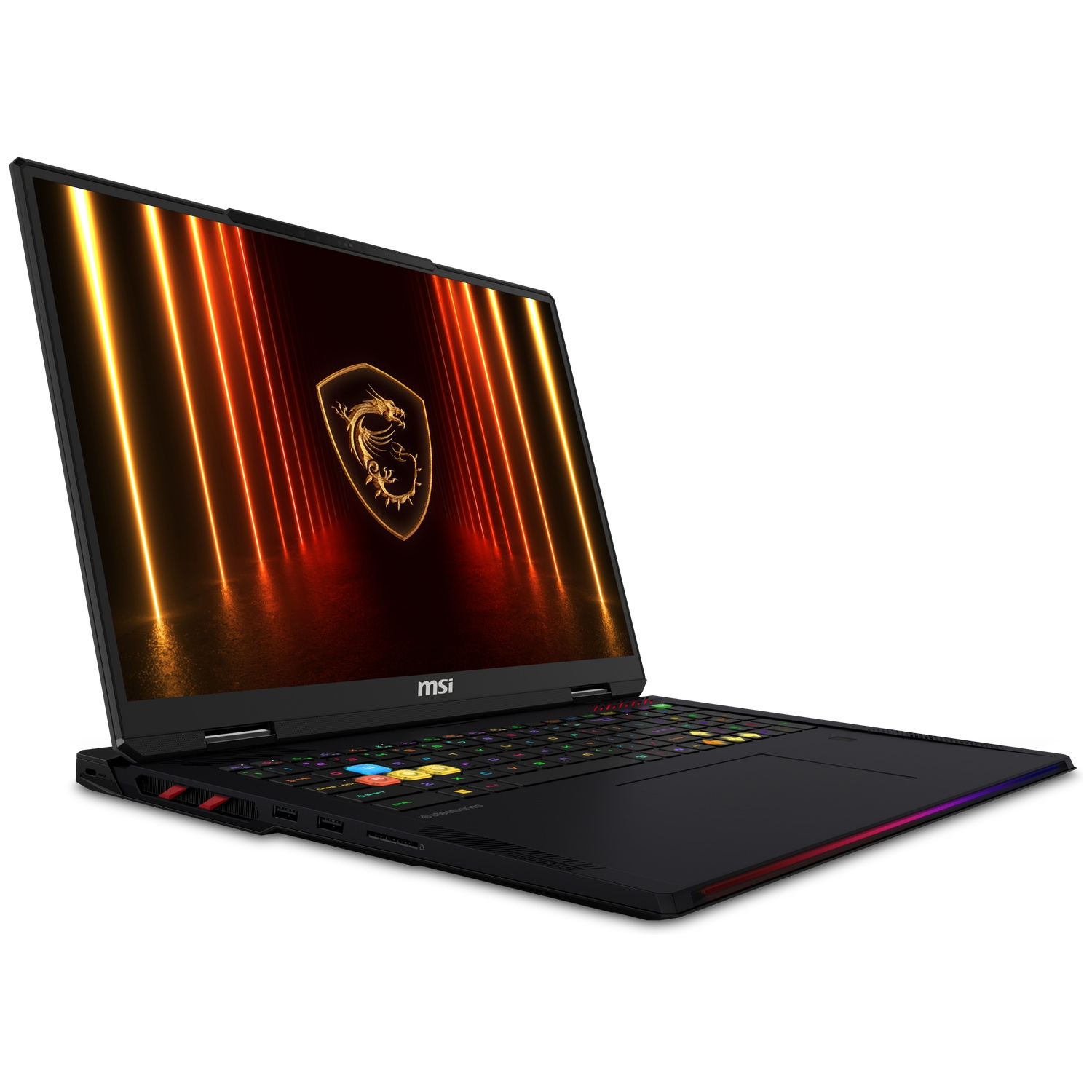 Black MSI laptop with illuminated dragon logo on screen and RGB keyboard.