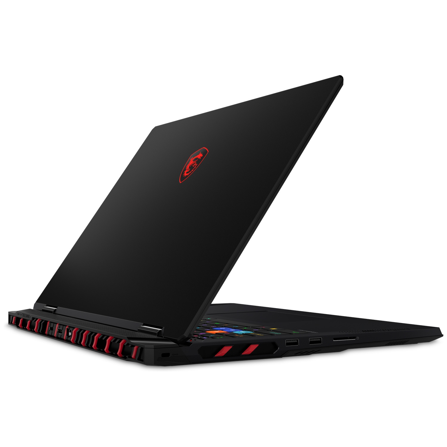 Black laptop with red MSI logo, open with illuminated keyboard.