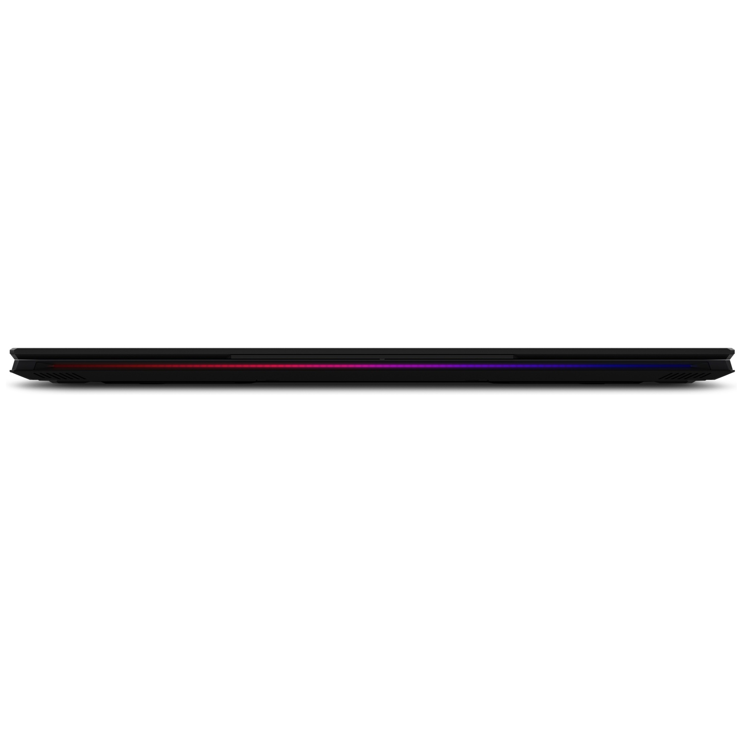 Black laptop edge with red and purple lighting.