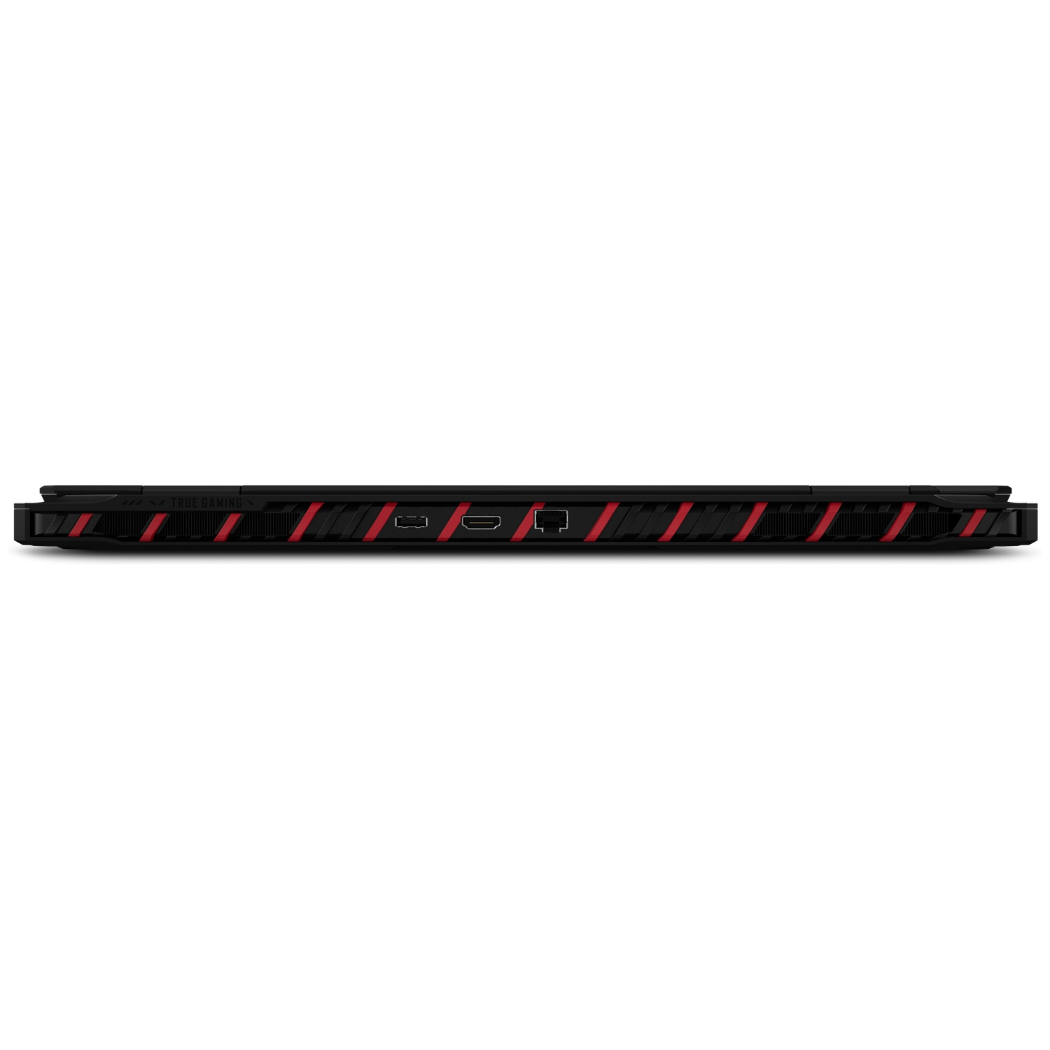 Side of a black laptop with red accents and ports visible.