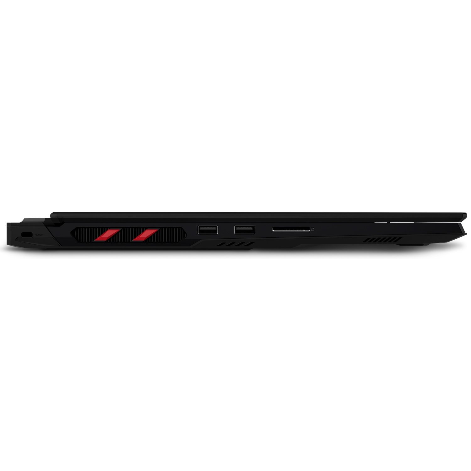 Black laptop side with red accents, USB ports, and an SD card reader.