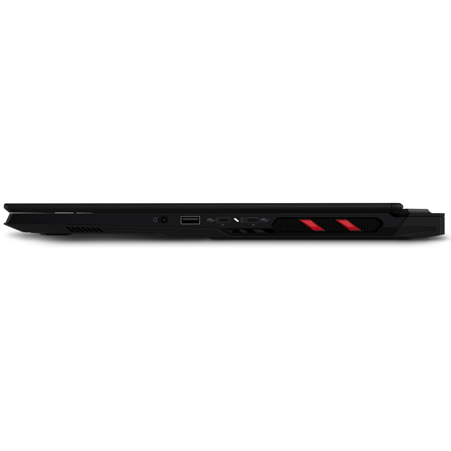 Black laptop side view with ports and red air vents.