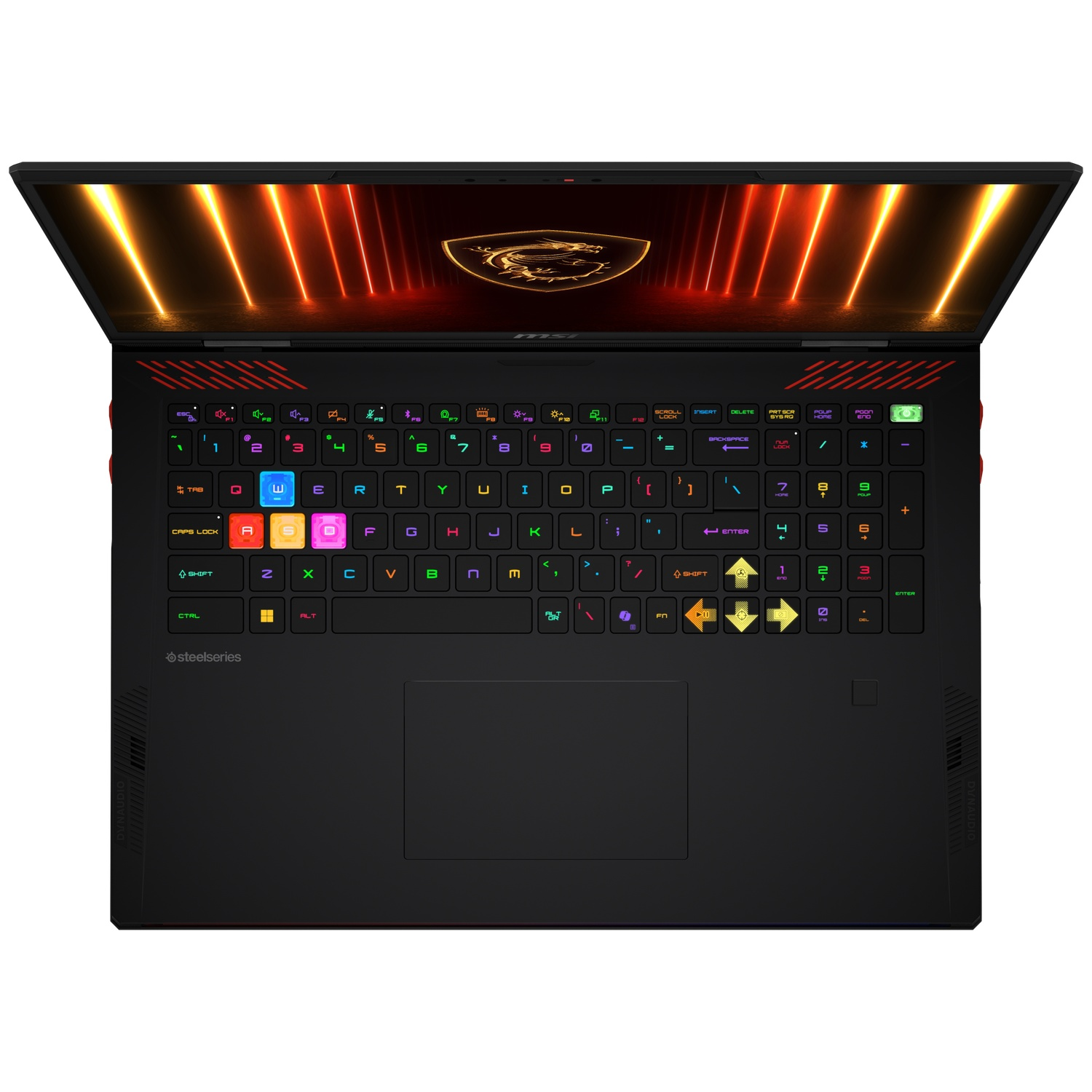 Open black MSI laptop with illuminated keyboard and screen displaying orange lights.