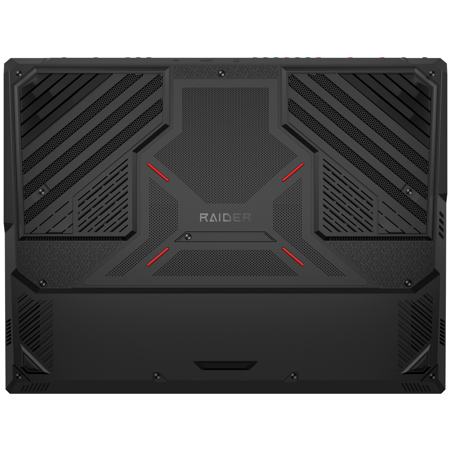 Black laptop with ventilation grilles and red accents. The word RAIDER is printed on it.