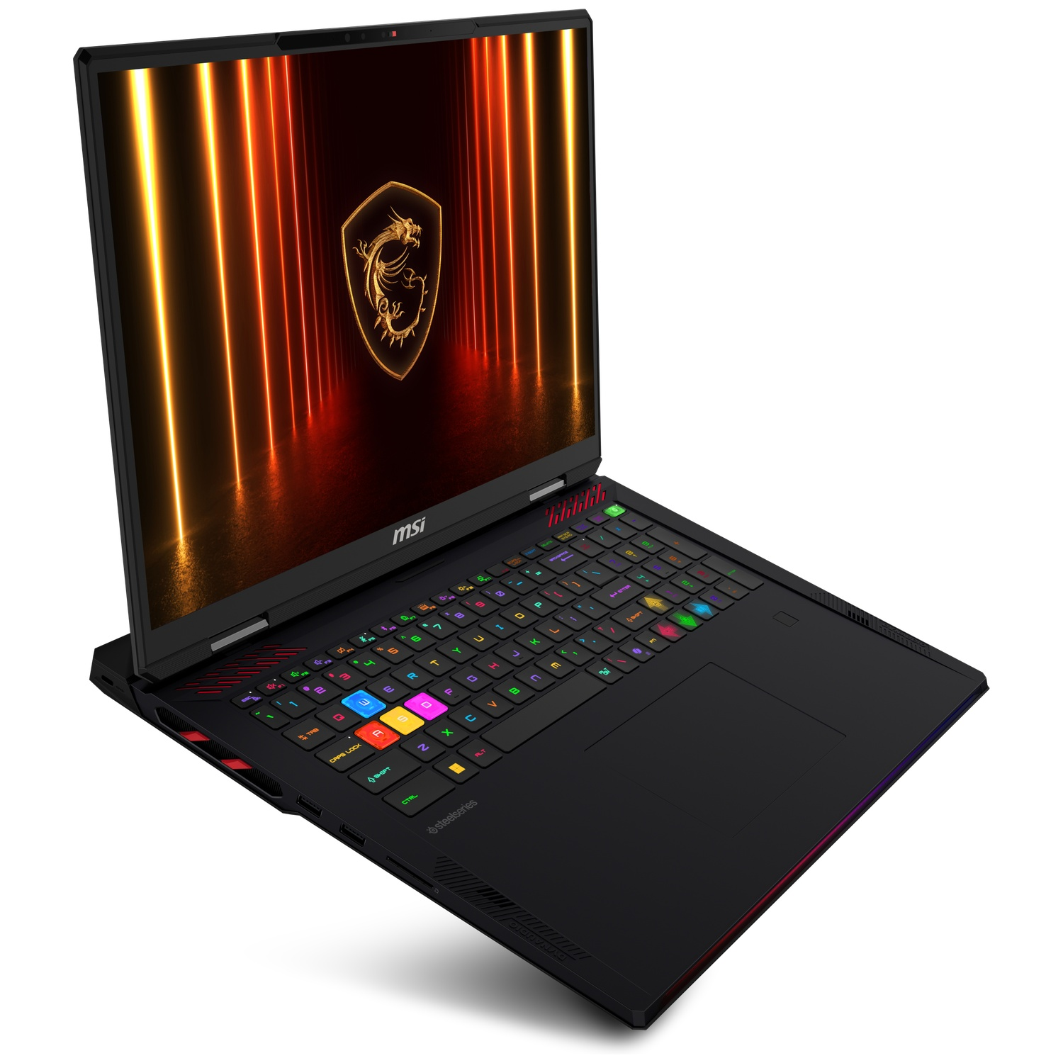 A black MSI gaming laptop with a backlit keyboard and dragon logo on the screen.