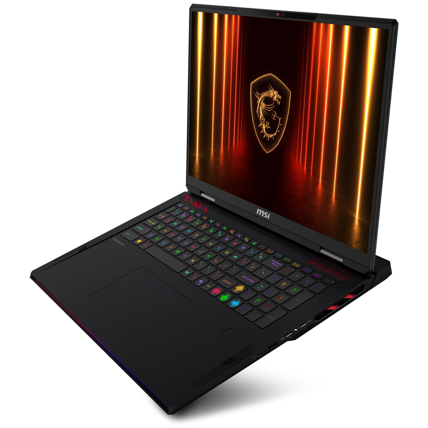 Black laptop with a backlit keyboard and MSI dragon logo on the screen.