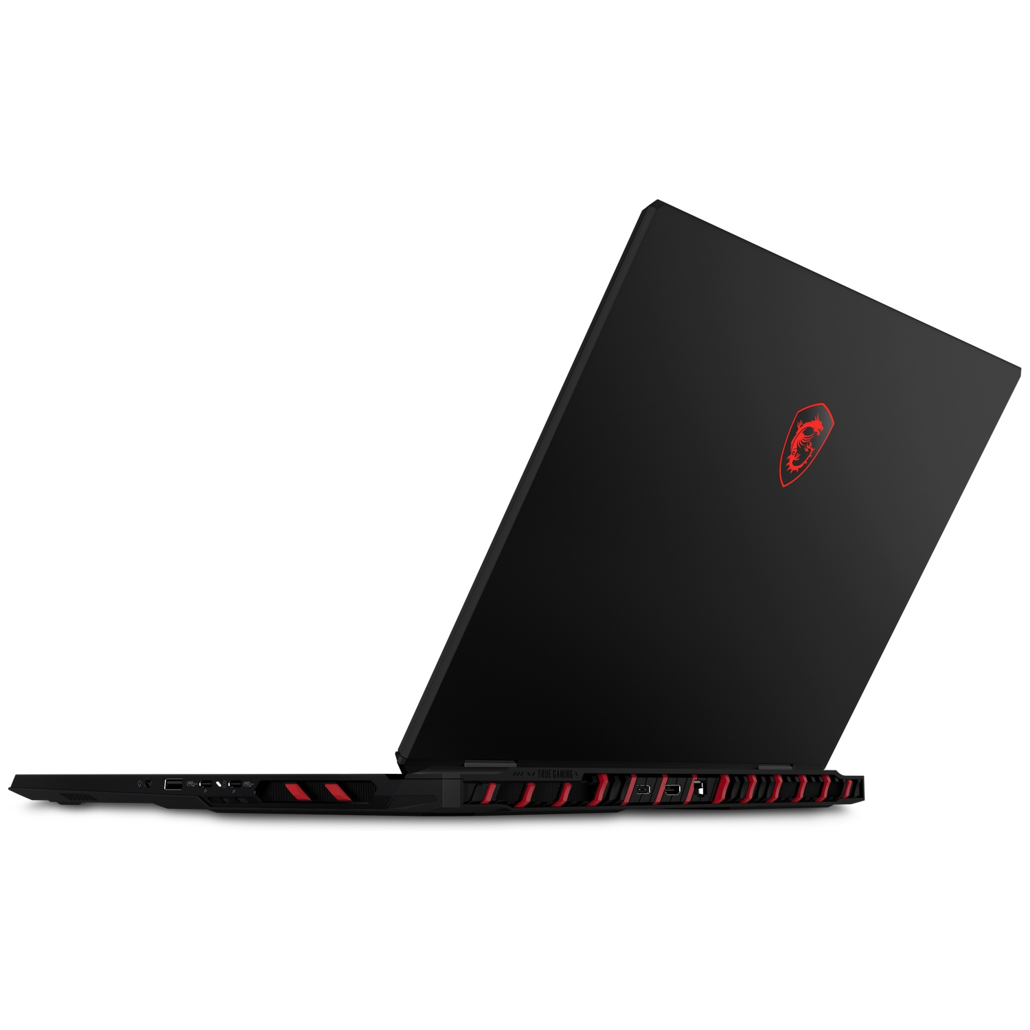 Black laptop with red MSI logo, open view of ports and vents.