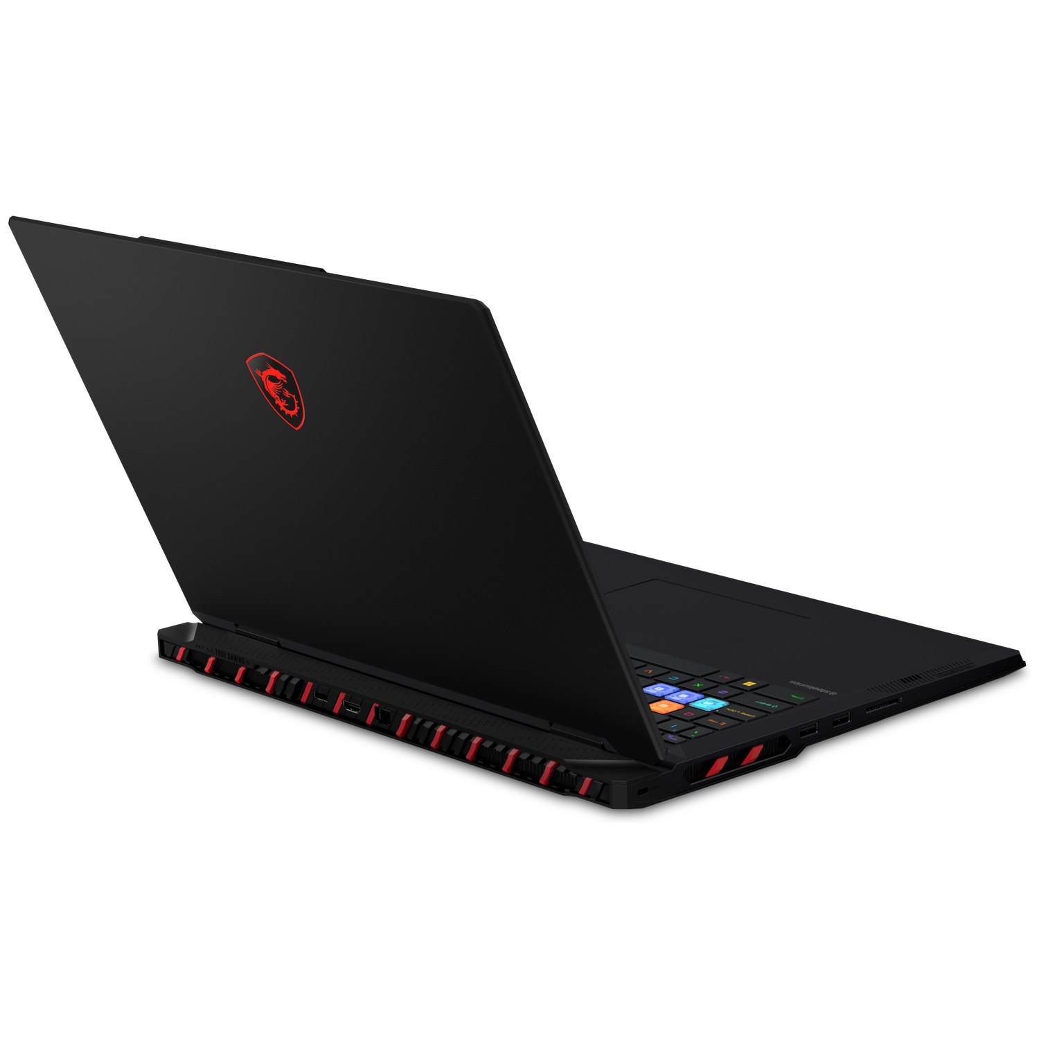 Black MSI gaming laptop with red dragon logo, illuminated keyboard.