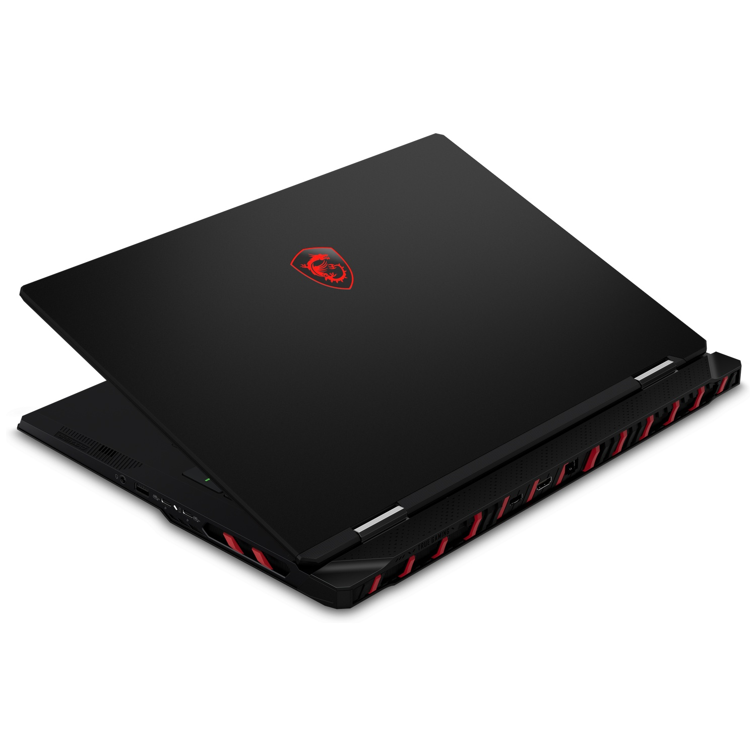 Black gaming laptop with a red MSI dragon logo and red accents.