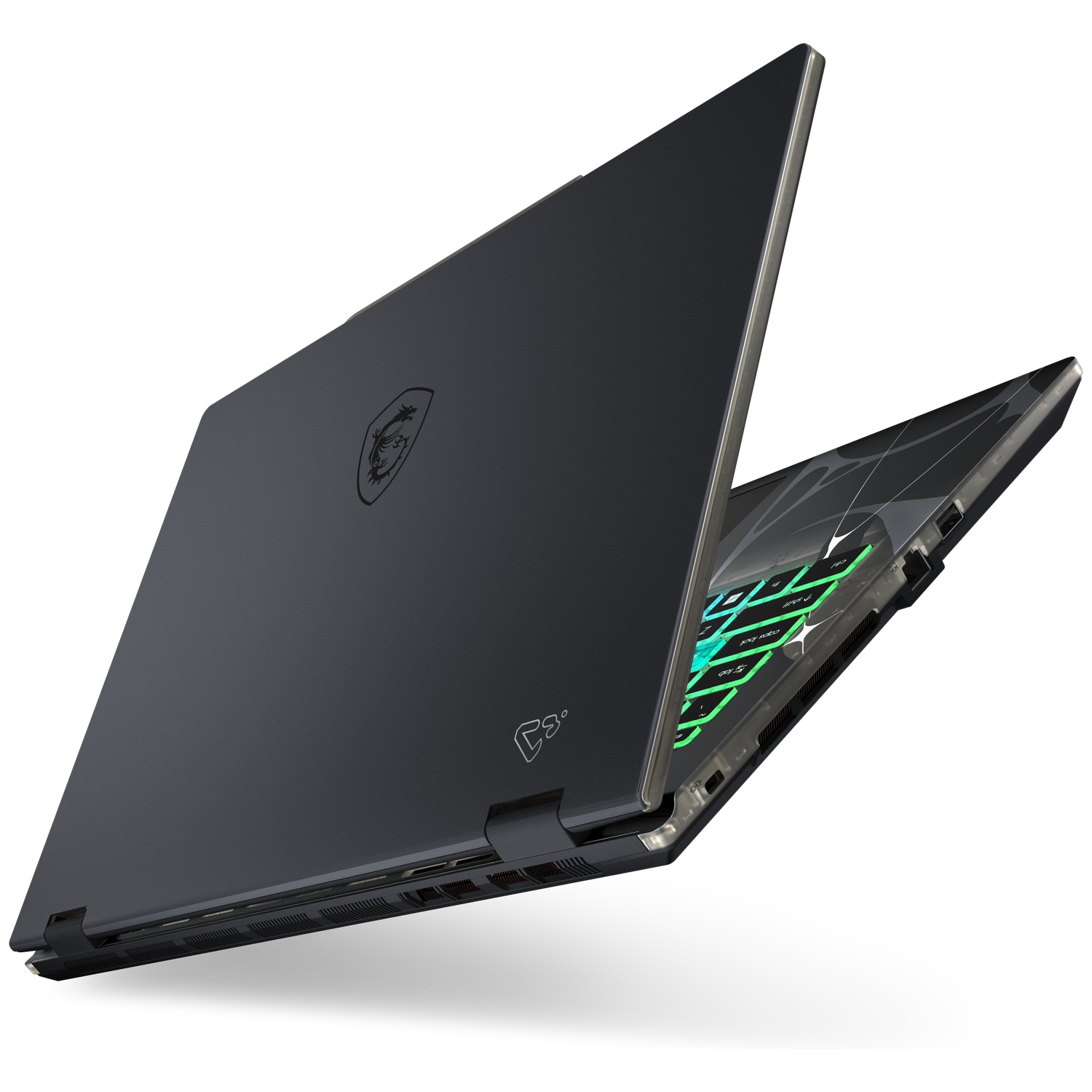 A closed black laptop with a backlit keyboard and a dragon logo.