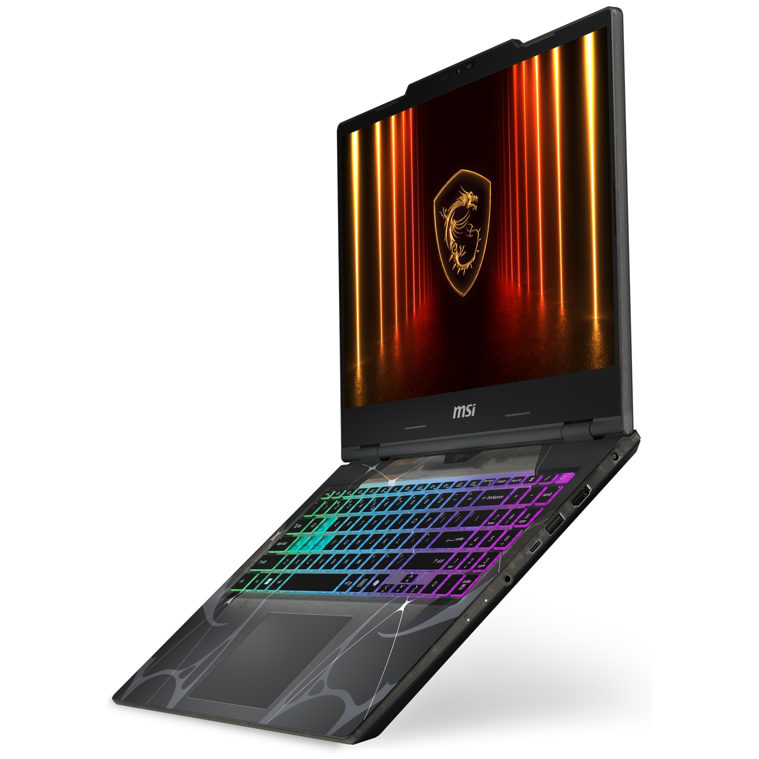 Een open MSI laptop met drakenlogo en RGB-toetsenbord op witte achtergrond.