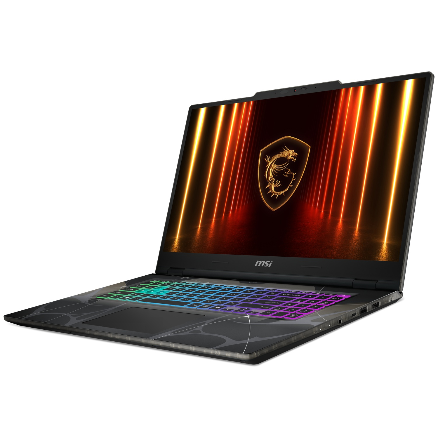 An open MSI gaming laptop with a backlit keyboard and a dragon logo.