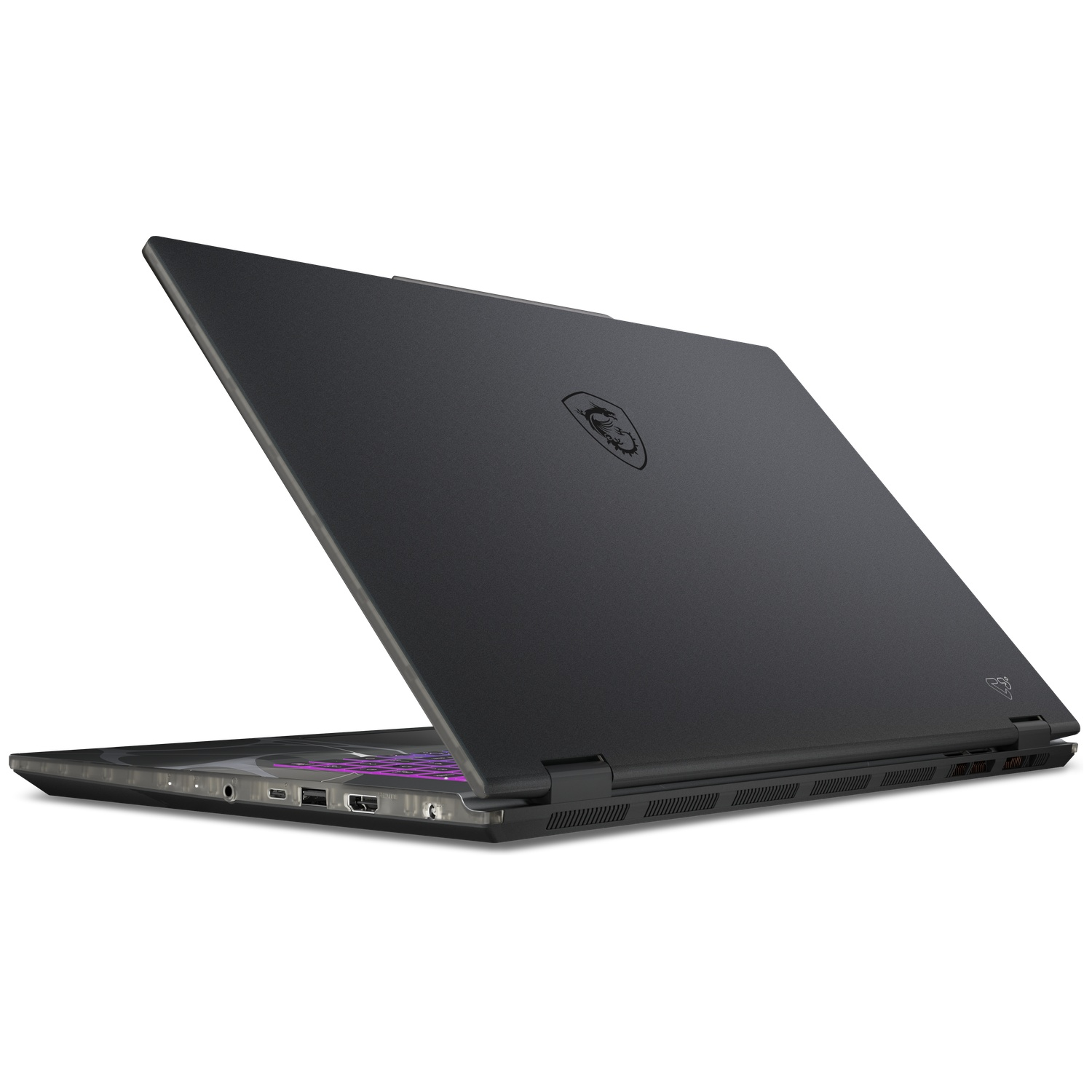 A black MSI gaming laptop is open, showing its illuminated keyboard.