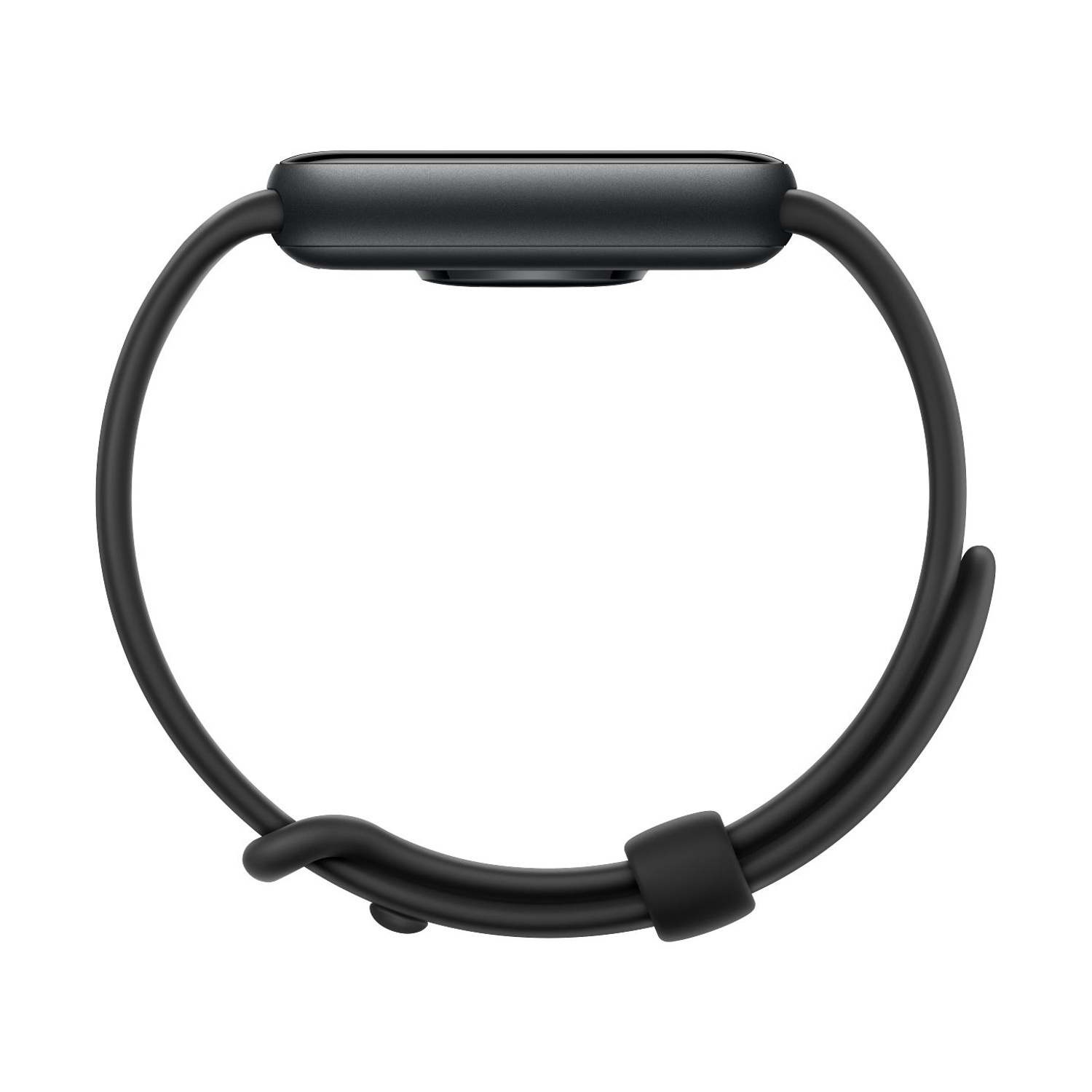 Cinturino nero per smartwatch con quadrante rettangolare, su sfondo bianco.