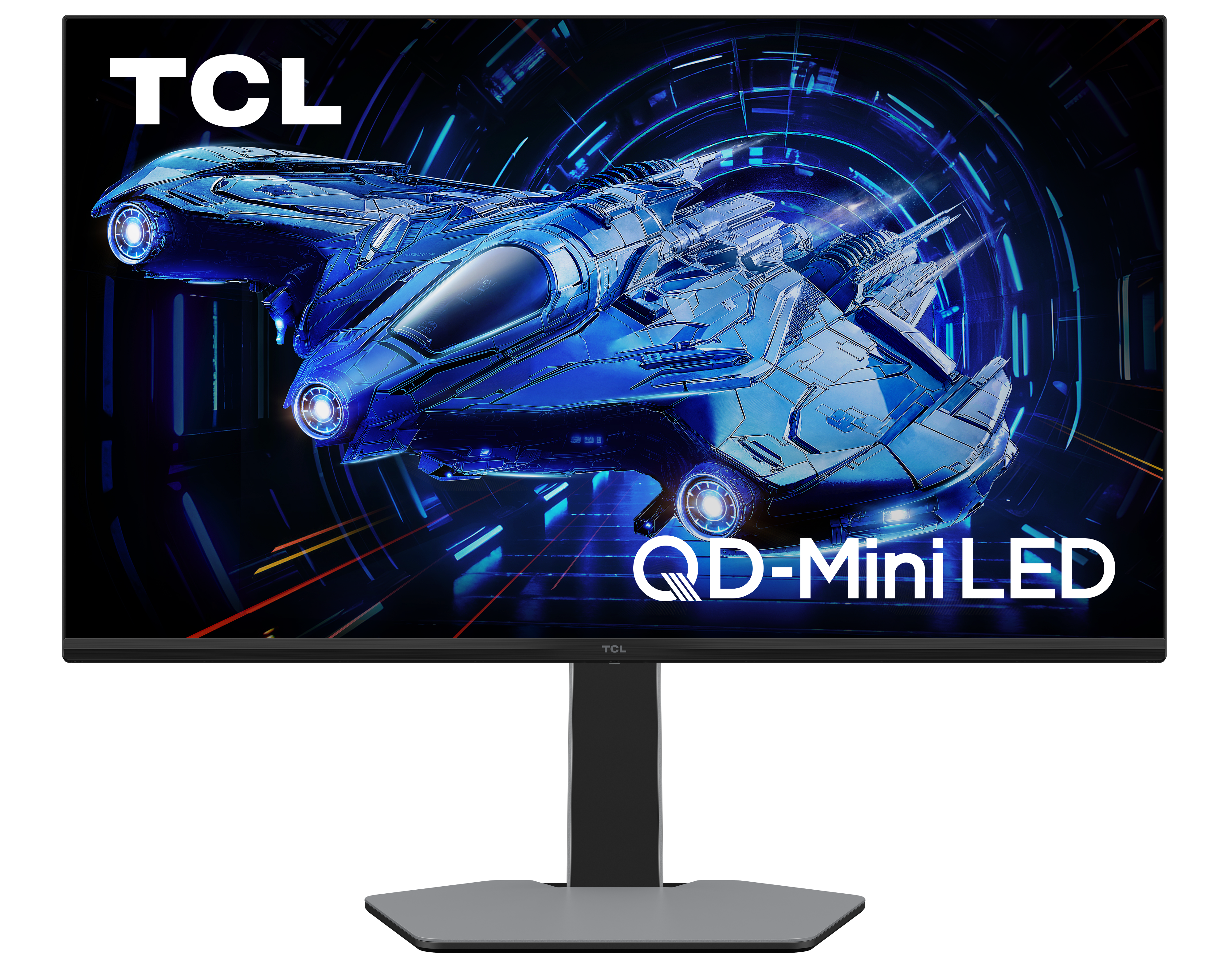 Ein blauer Raumgleiter mit TCL und QD-Mini LED Logo auf einem dunklen Hintergrund.