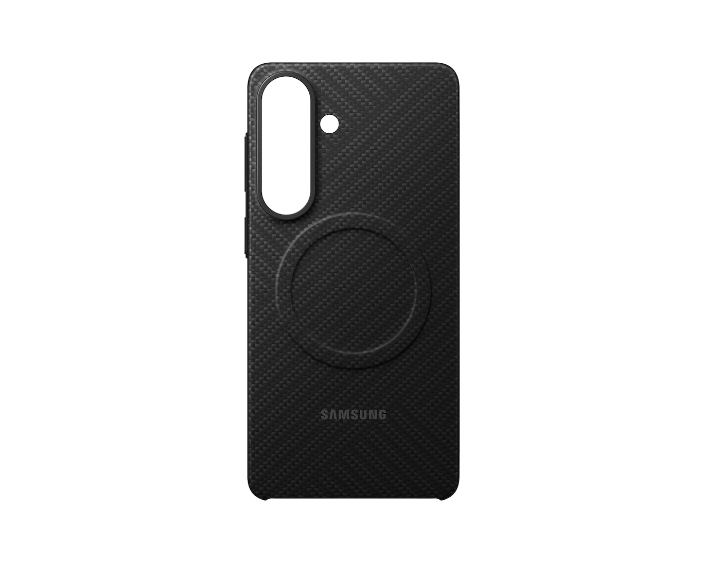 Schwarzes Handycover mit Karbonmuster, Kameraaussparung und kreisförmigem Ring.