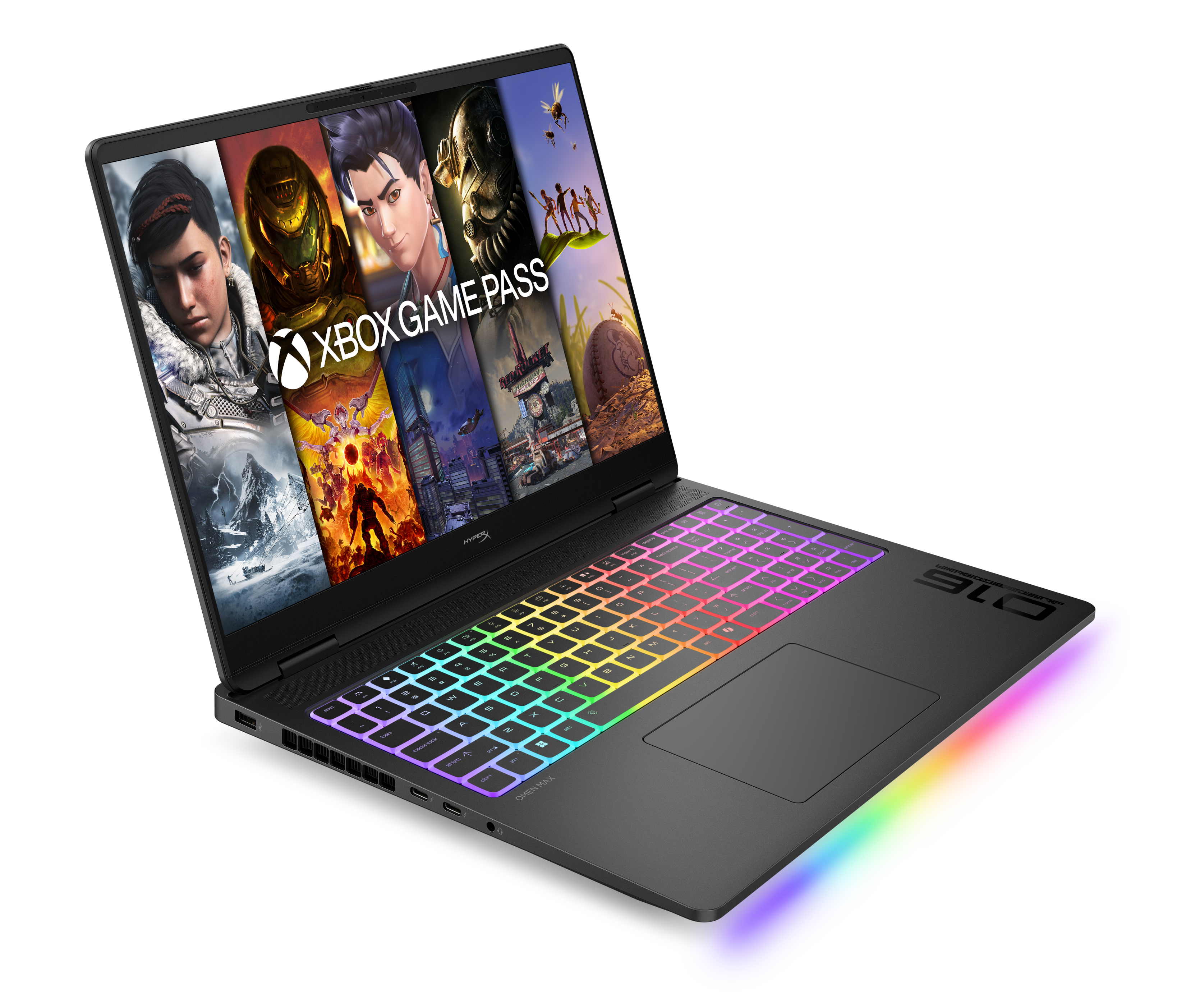 Ein schwarzer Laptop zeigt Xbox Game Pass mit Spielgrafiken. Tastatur leuchtet in Regenbogenfarben.